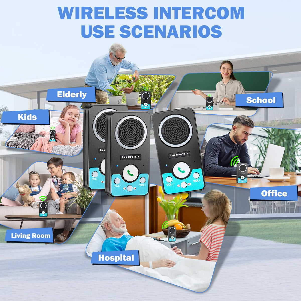 UHAXZ Intercoms Wireless for Home, Full Duplex 2 Way Intercom System, 1500ft Long Range Intercom with 8 Volume Levels, Rechargeable Battery & 4 Chime for Home Office & Business (3 Pack)