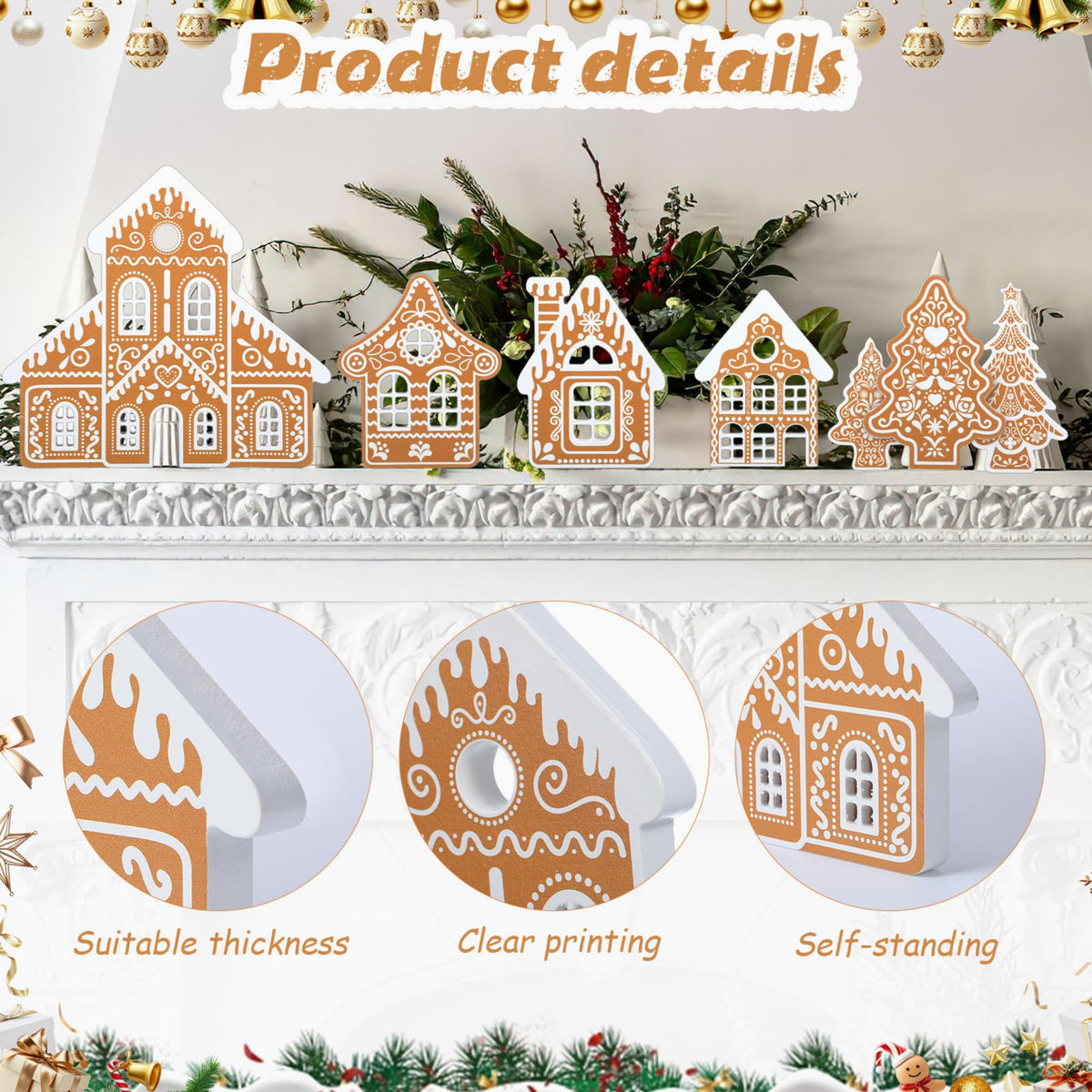 Faccito 9 Pcs Wood Gingerbread House Decor Sets Christmas Village Bulk Wooden Christmas Tree Centerpiece Winter Desk Shelf Ornament for Mantel Window Xmas Tabletop Farmhouse Indoor Decorations
