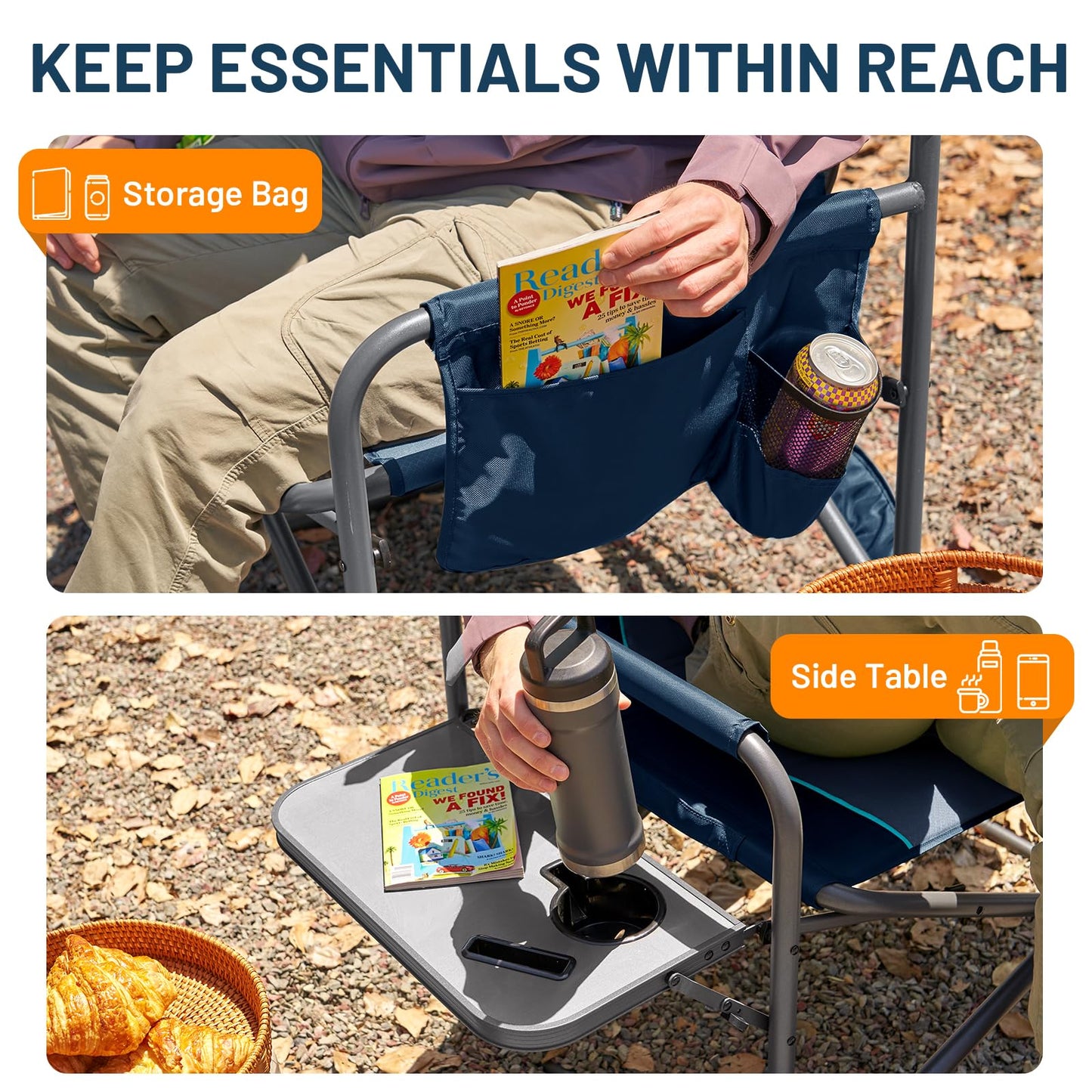 TIMBER RIDGE XXL Director’s Chair – Heavy Duty Folding Chair with Side Table, 500 lb Capacity, Extra Wide Padded Seat for Camping, Sports, Beach, Patio, and Outdoor Use, Blue-2 Pack