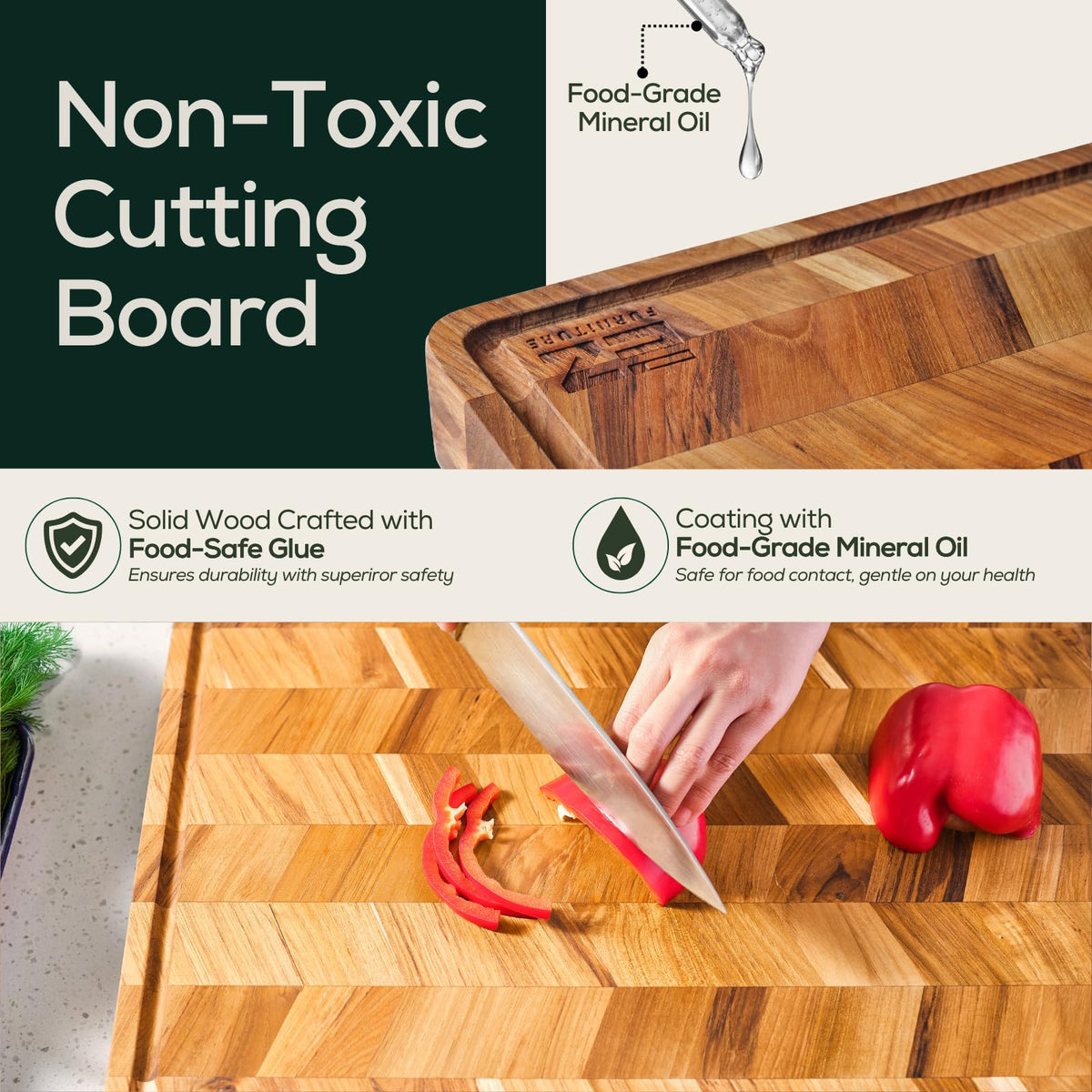 EZ FURNITURE Set of 3 Acacia Edge Grain Cutting & Charcuterie Boards with Extra Stand, Reversible Knife-Friendly Wooden Design with Juice Groove & Handles, Non-Toxic, Gift Box Included