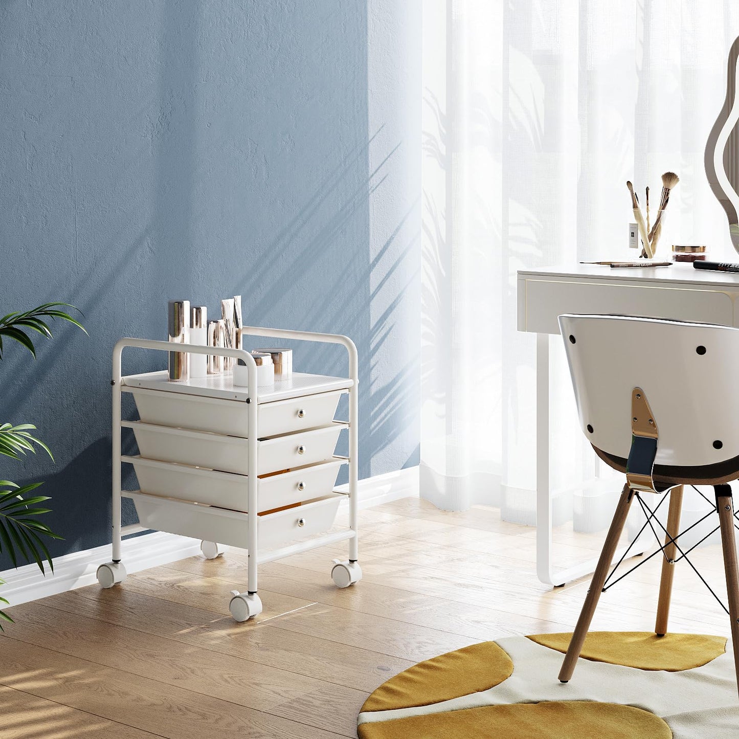Shrivee 4-Tier Utility Cart with 4 Drawers, Rolling Utility Cart with 2 Lockable Caster Wheels, Multipurpose Mobile Rolling Drawer Cart for Office Bathroom Kitchen, Ivory White