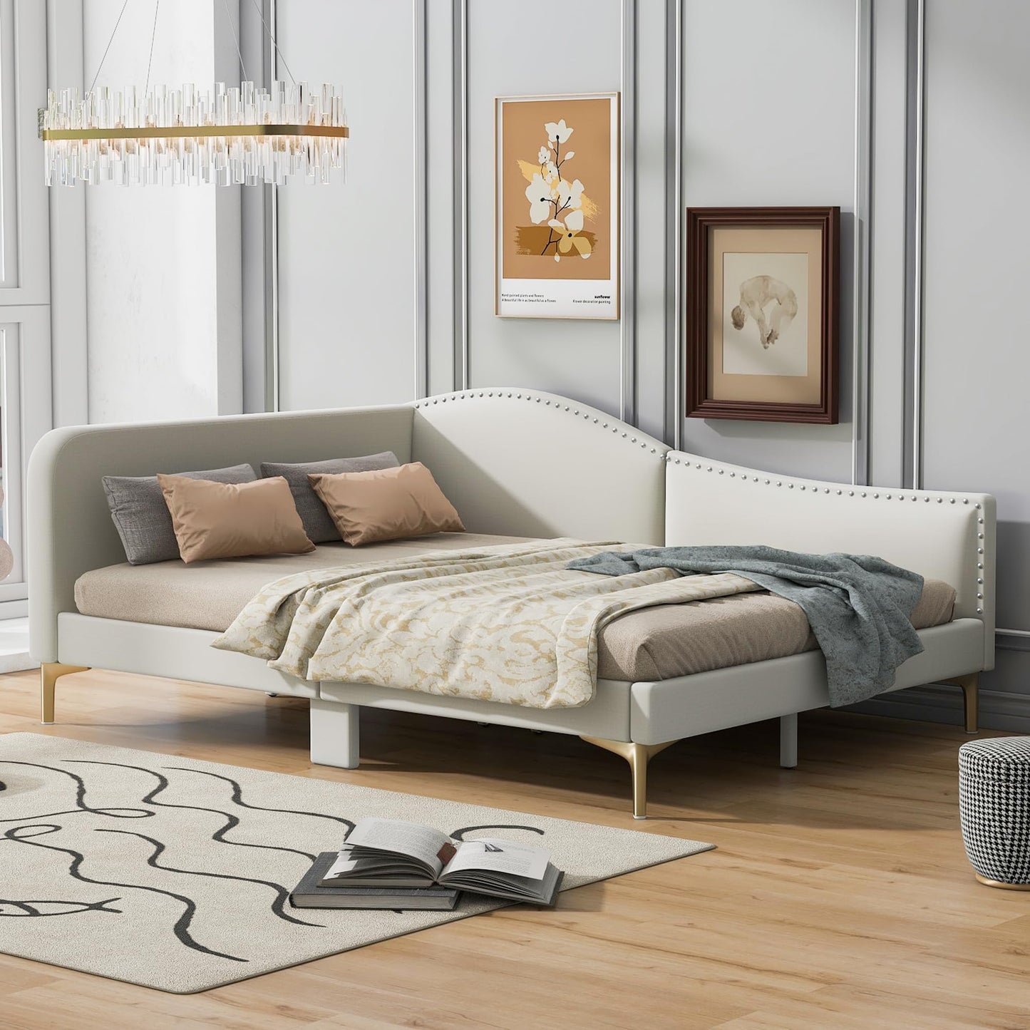 Ball & Cast Full Size Daybed with Golden Metal Legs,Linen Upholstered Daybed Frame with Nailhead Trim and Wood Slat Support,No Box Spring Needed,Beige