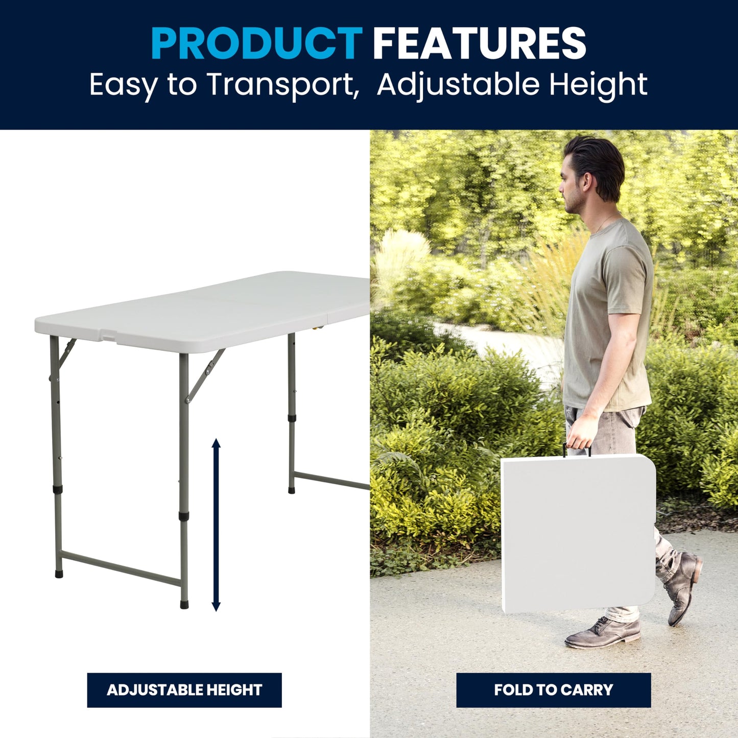 Flash Furniture 4' Rectangular Plastic Folding Event Table with Adjustable Legs and Carrying Handle, Bi-Fold Portable Banquet Table for Indoor/Outdoor Events, White