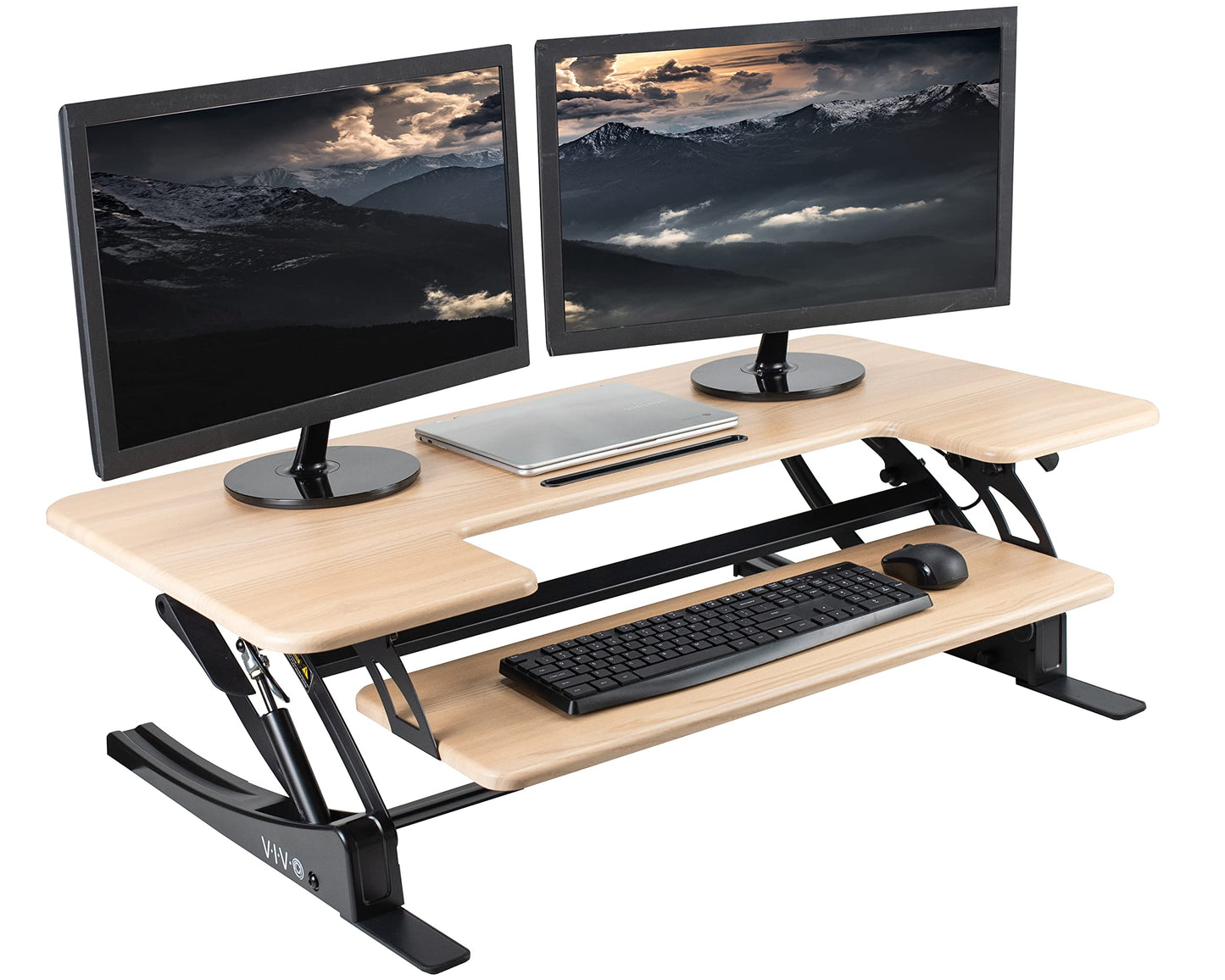 VIVO 42 inch Height Adjustable Stand Up Desk Converter, V Series, Quick Sit to Stand Tabletop Dual Monitor Riser Workstation, Light Wood Top, Black Frame, DESK-V000VLO