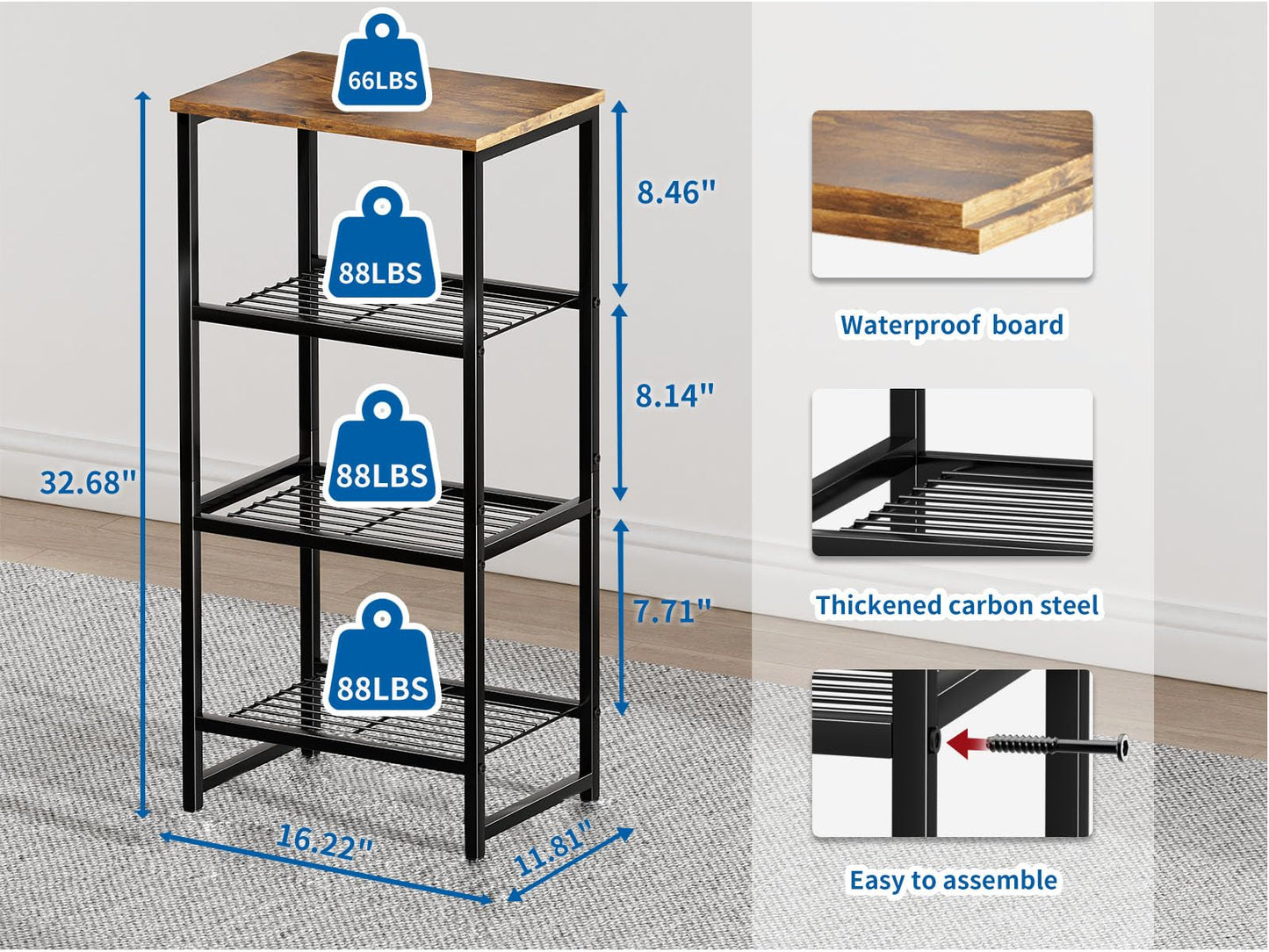 MWQ Industrial 3 Tier Printer Stand, Home Printer Wood Table with Wire Storage Shelf for Scanner Fax Machine, Heavy Duty Metal, Rustic Brown with Burly Wood Board
