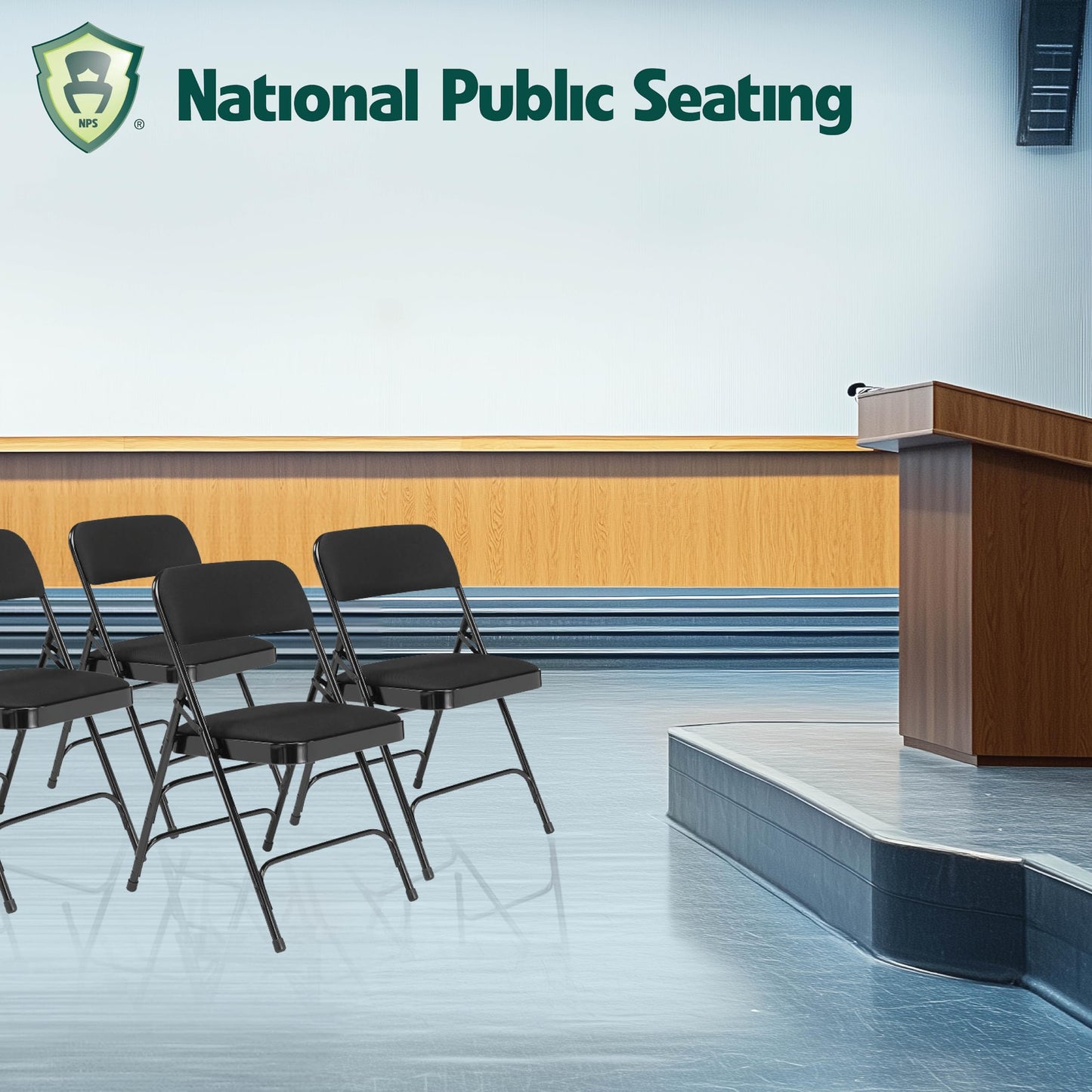 National Public Seating 2310 Fabric Padded Triple Brace Steel Folding Chair, Black (Pack of 4)
