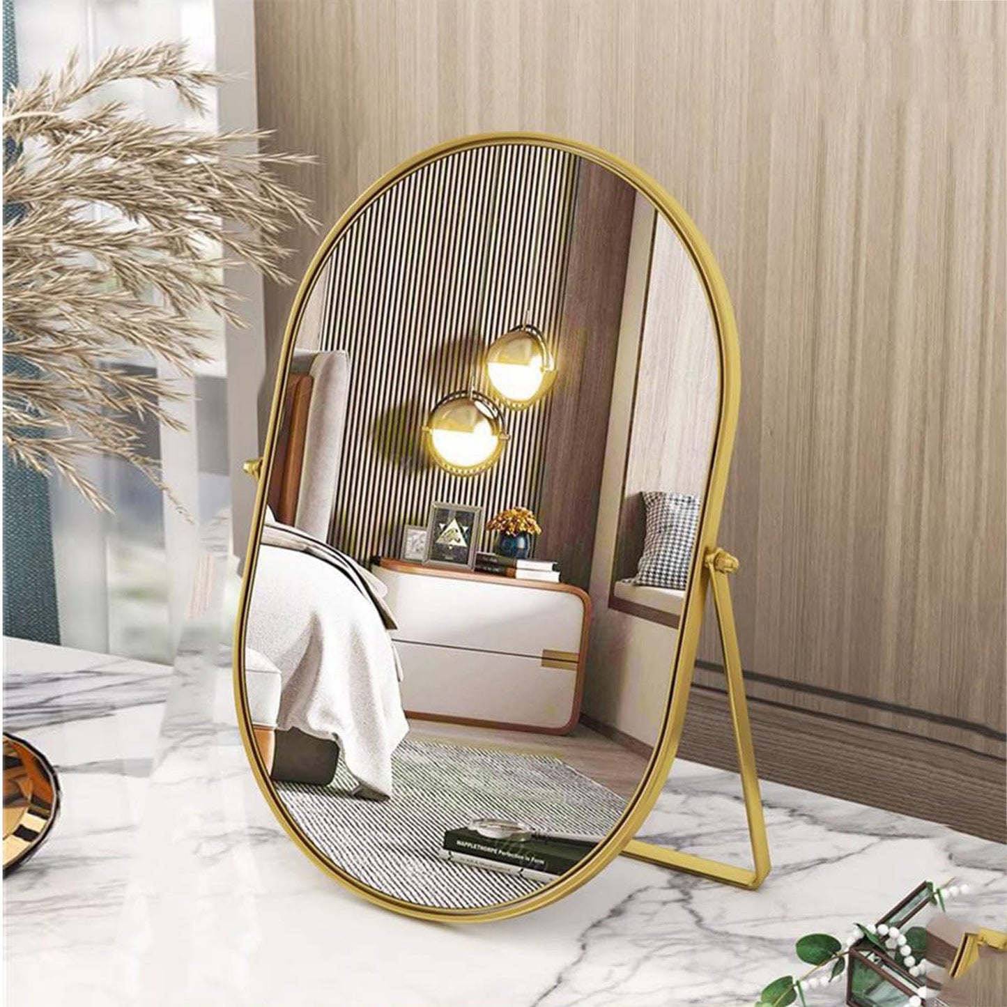 Numjeg Vanity Desk Table Mirror Oval Makeup Mirror 90°Adjustable Rotation Golden Metal Framed Standing Mirrors Room Decor for Living Room,Bedroom,Tabletop,Bathroom
