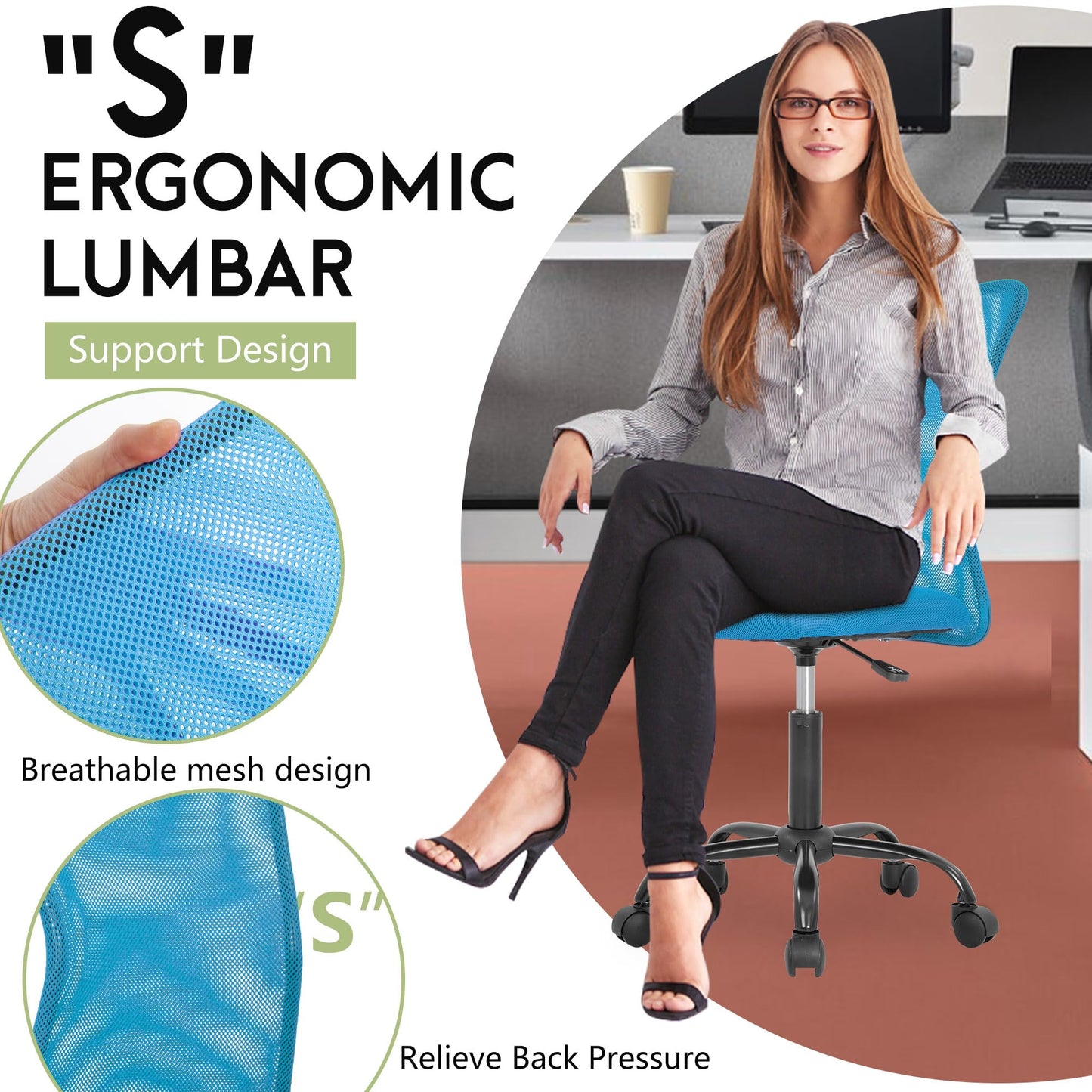 BestOffice Ergonomic Office Chair Desk Chair Mesh Computer Chair Armless Back Support Modern Executive Rolling Swivel Chair with Lumbar Support（Blue）