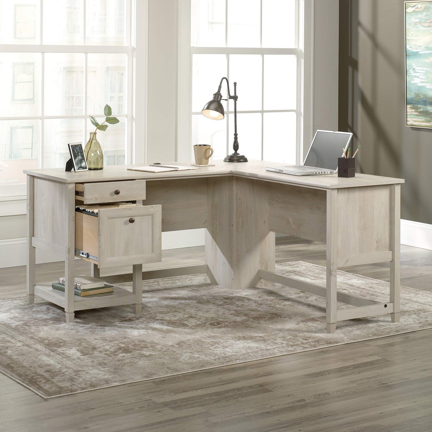Sauder Edge Water L-Shaped Corner Desk with Storage Drawers and Open Shelf, in Chalked Chestnut