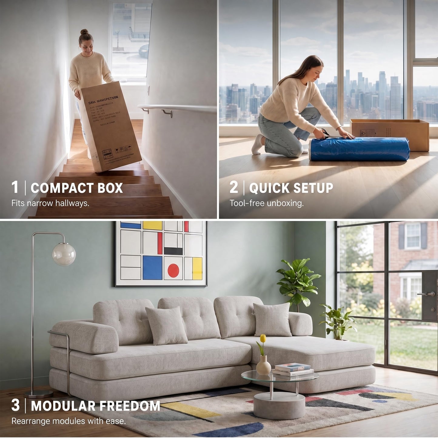 YasuSoofa Boneless Sectional Couch with Chaise, Convertible L-Shape Floor Sleeper with High Headrest, Modular Sofa Bed for Living Room Apartment, No Assembly, Beige