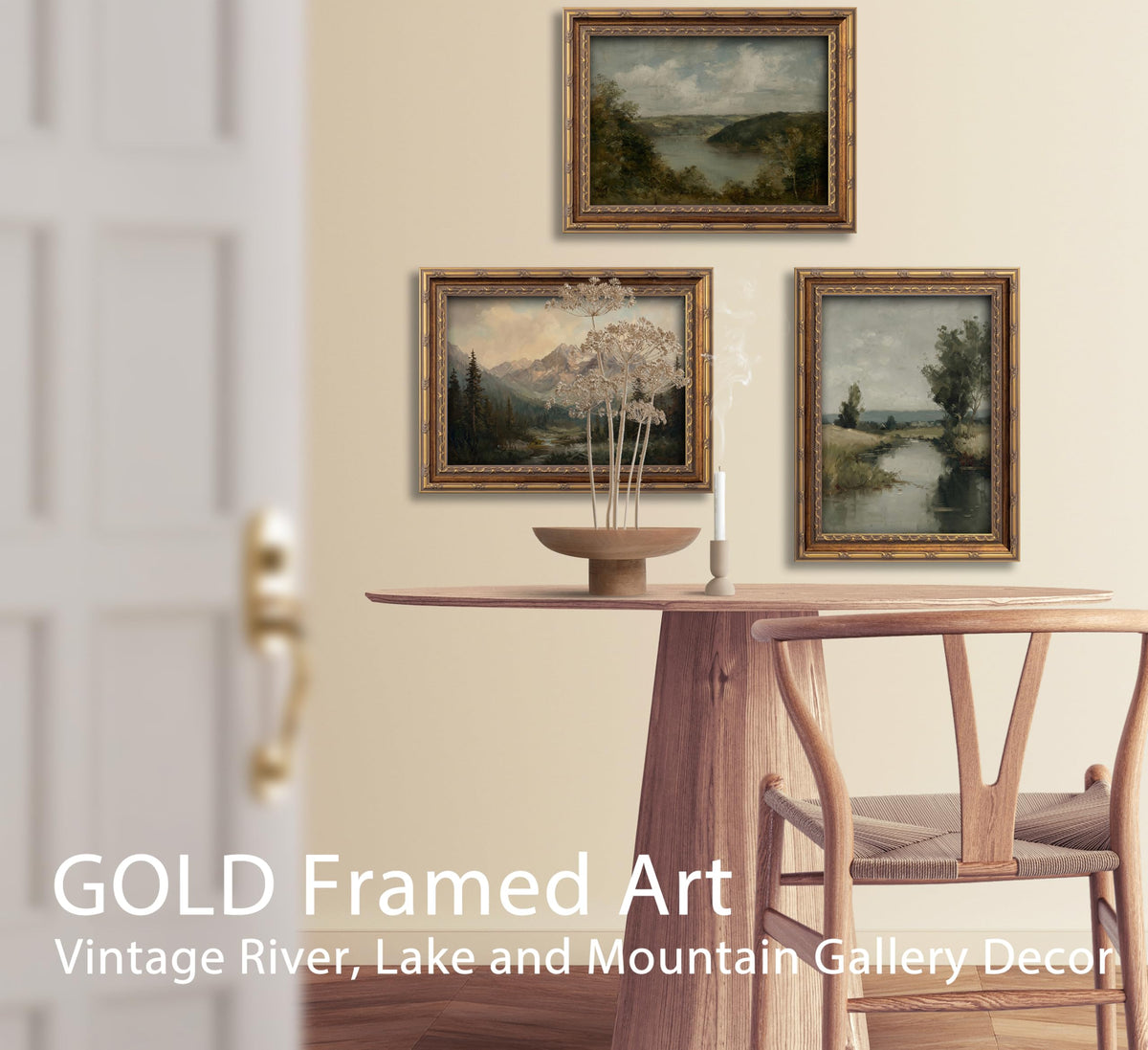 KKP Vintage Gold Framed Lake Wall Art, Gloomy River Painting Canvas Prints