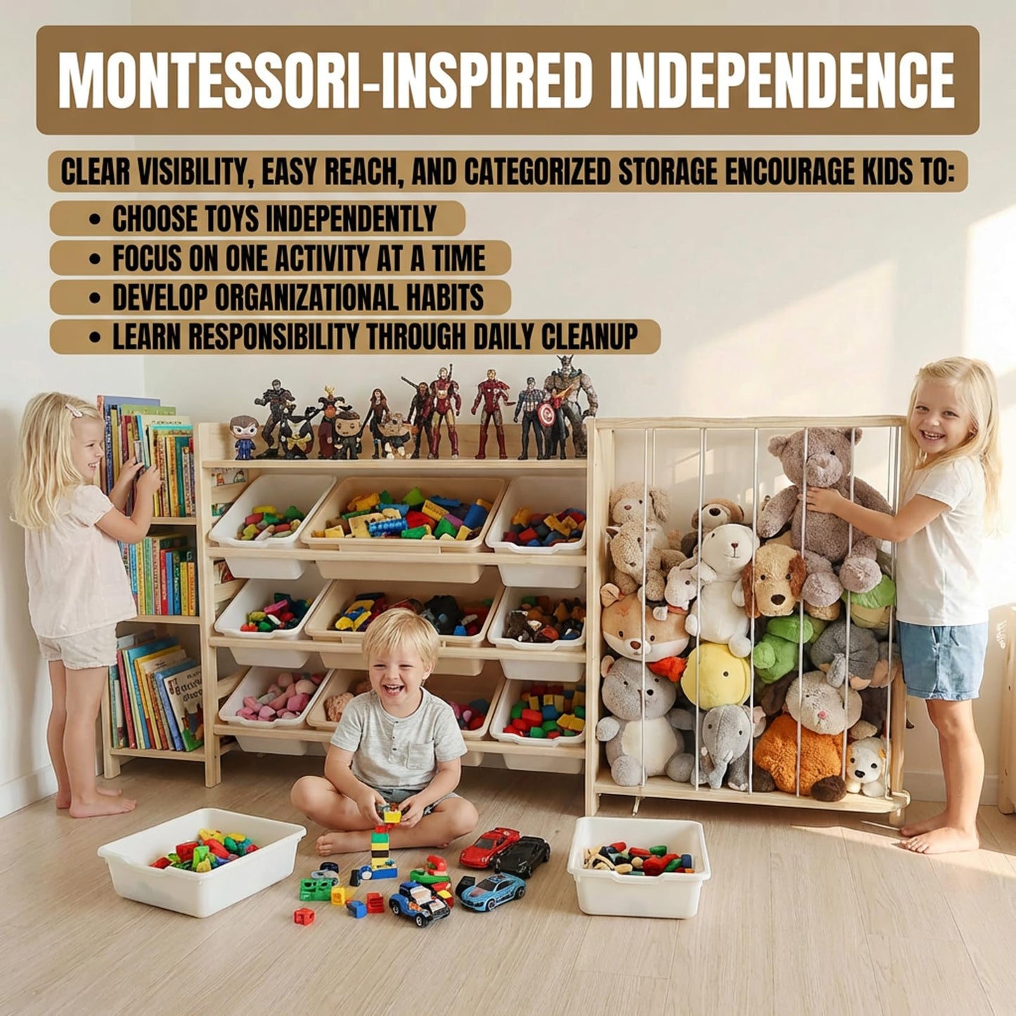 Amdermi Kids Toy Storage Organizer with Bookcase and Stuffed Animal Zoo, 4-in-1 Wooden Multi Bin Toy Shelf for Toddlers, Playroom, Bedroom, Nursery