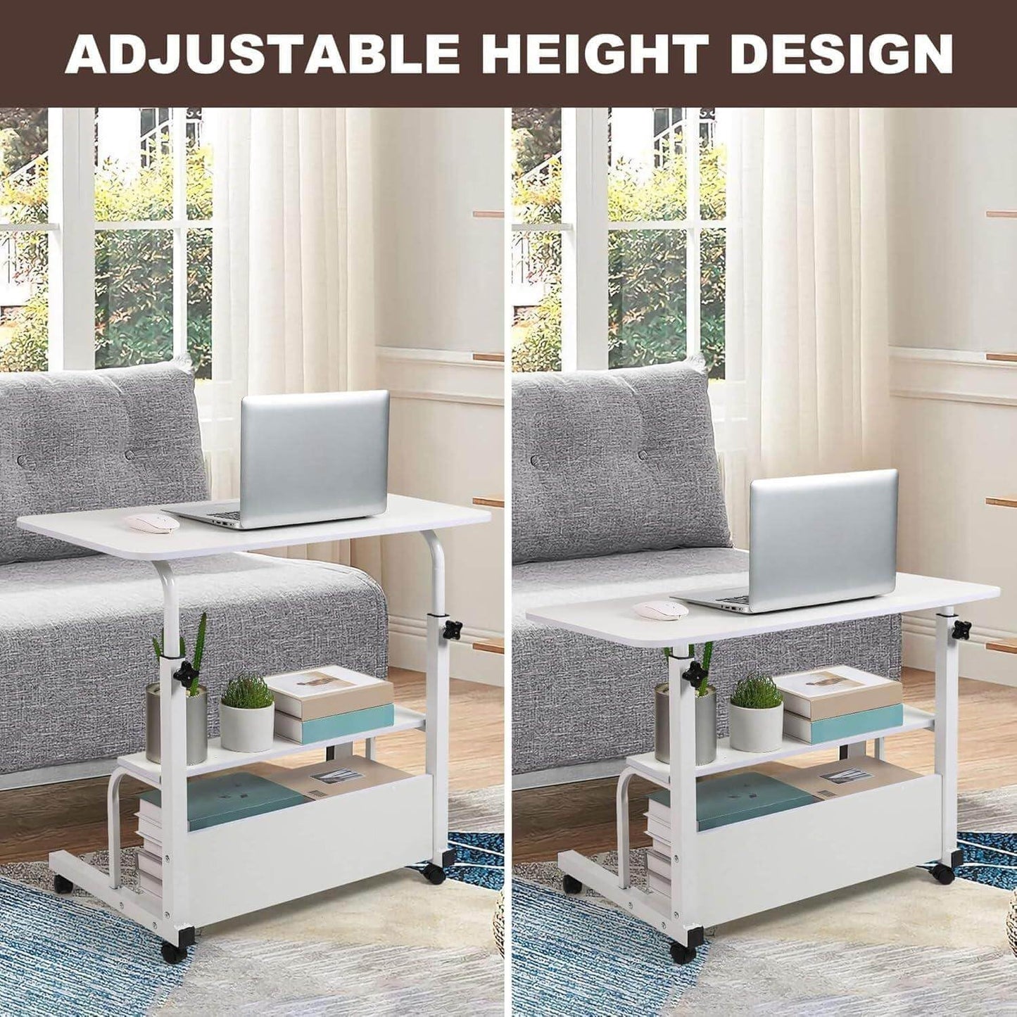 Dekhaoxe Adjustable Height Mobile Computer Desk for Small Space Rolling Writing with Wheels Corner Home Office Study Portable Bedrooms Work Desk Standing Table Sizes 31.5X15.7 Inches White