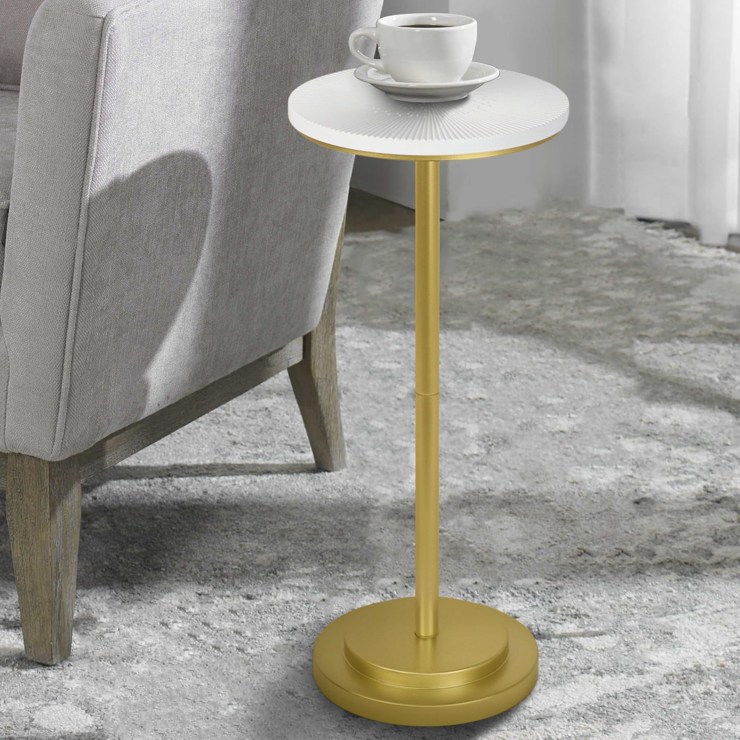 COVLON Drink Table, Carved Table Top Small Pdestal Martini SideTable for Living Room, Bedroom, Modern, Weighted Base, White and Gold