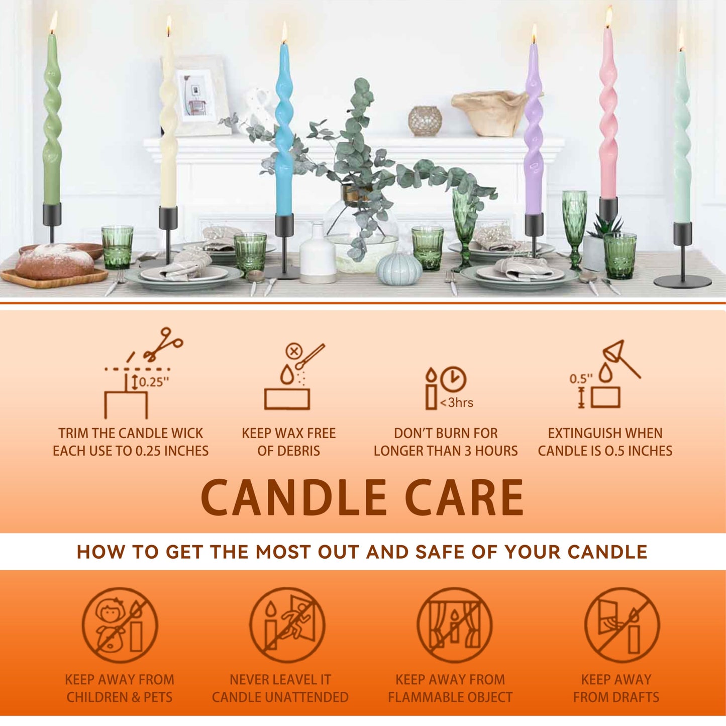 4 Pack Orange Taper Candle 10 inch Twisted Candles Unscented for Christmas Halloween Dinner Wedding Home Decor, Relaxation & All Occasions