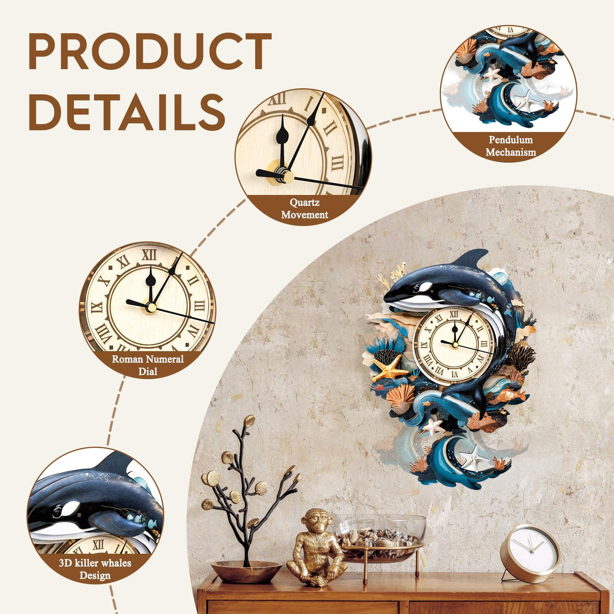 Cutywood 3D Puzzles for Adults Clock-Killer Whale Design Model Kit-Mechanical DIY Pendulum Clock with Roman Numerals-Desk Home Office Decor Personalized Gift for DIY Lovers