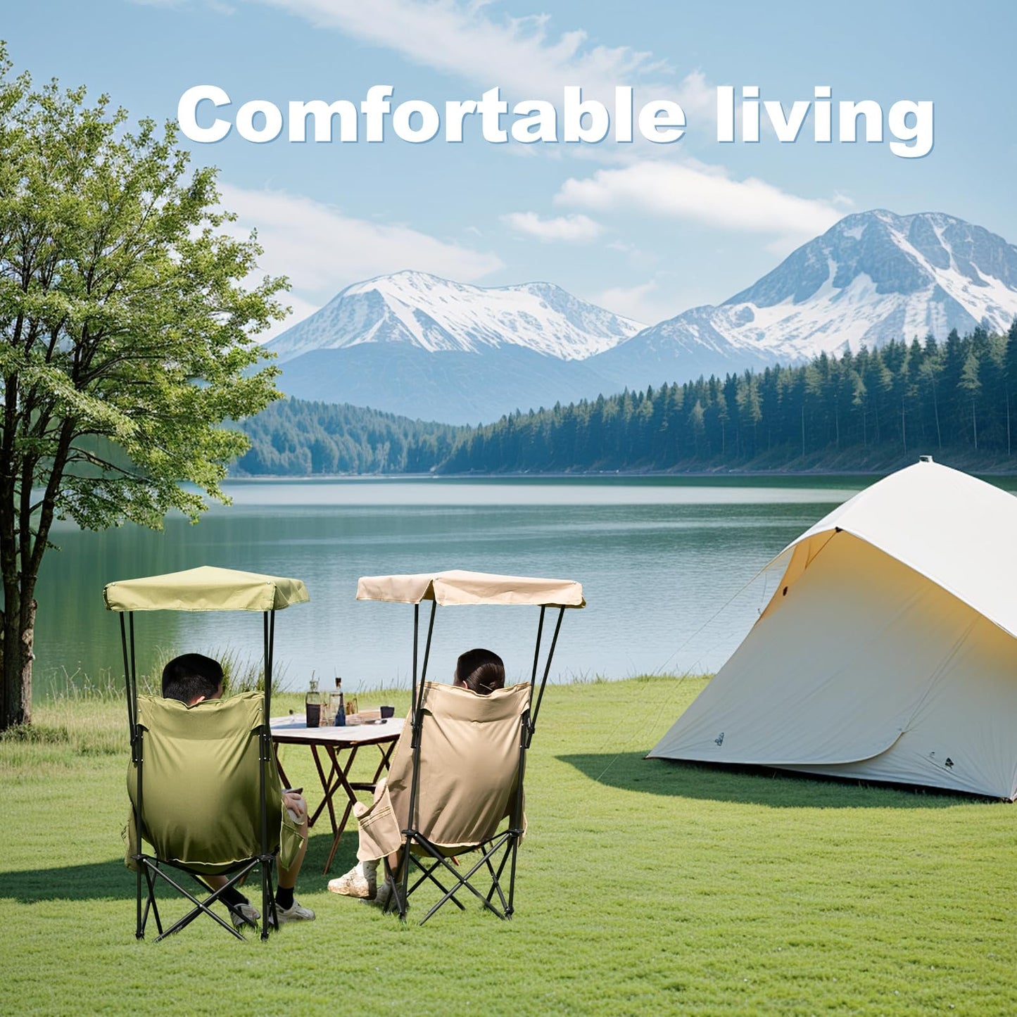 YOUNG WOOD Portable Camping Chair Beach Chair with Shade Canopy, Fold Lightweight Oversized for All, Easy to Open, Close Without Installation, Side Pocket Design for All Outdoor Activities, Green,2p