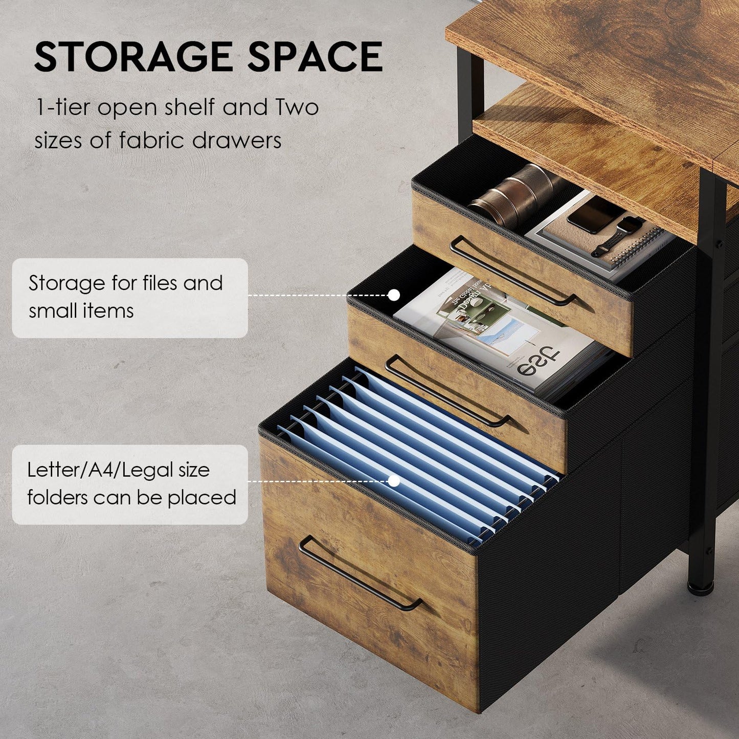 Ｍａｉｈａｉｌ Maihail Home Office Desk with Drawers Adjustable Shelves, 59 inch Writing Desk with File Cabinet, Large Computer Desk with Storage, Vintage, Brown2