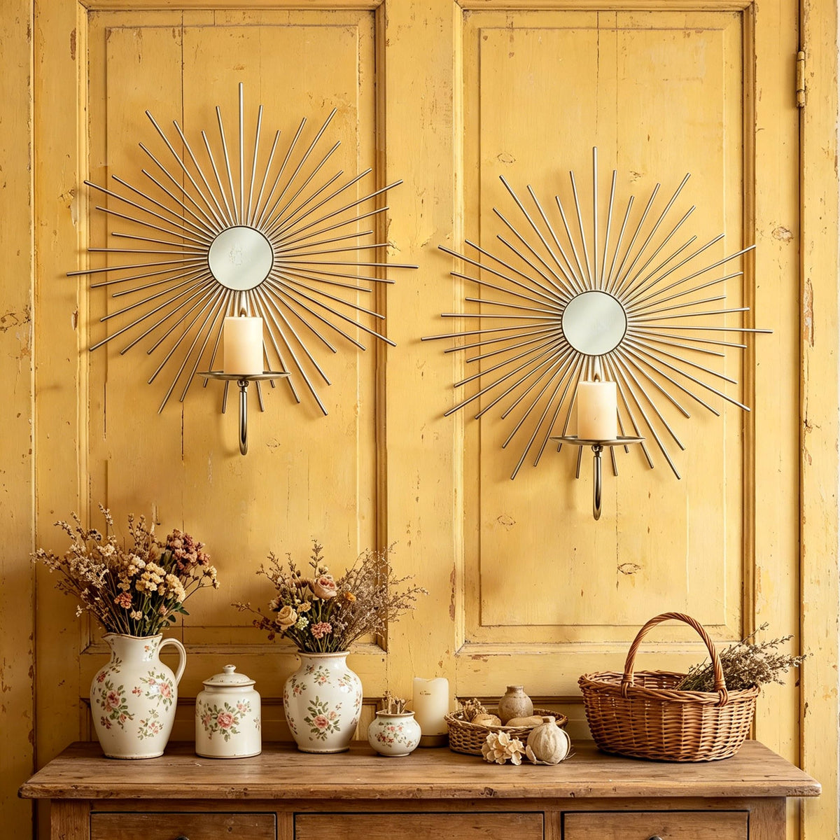 Sxnzequnze 2 Set Candle Sconces Wall Decor for Living Room Metal Sunburst Mirrored Modern Gold Wall-Mounted Candle Holder Sconces Hanging Mounted Fireplace Farmhouse Wedding