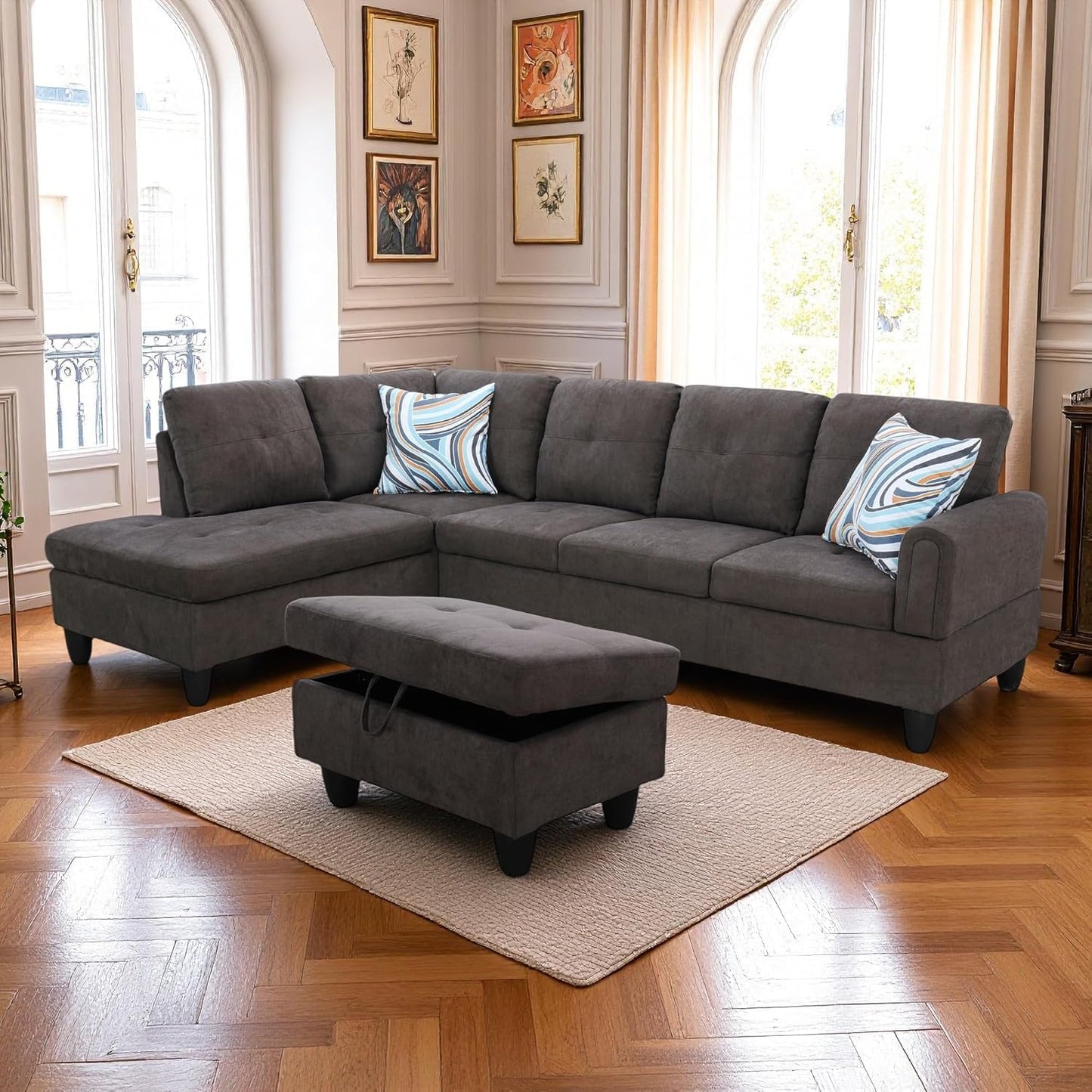 Trygoal 97" L Shaped Couch Sectional Couches with Chaise and Storage Ottoman, 3 Pieces Modular Convertible Sofa for Living Room Furniture Sets and Small Apartment, Dark Brown