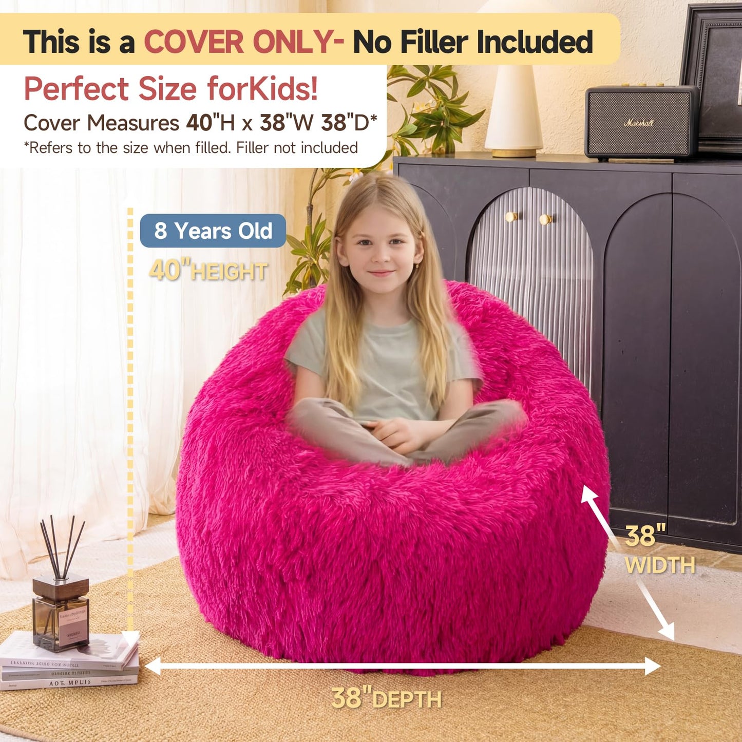 Hot Pink fluffy bean bag chair covers (No Filler), comfy Plush Hot Pink bean bag chair Cover for bedroom, stuffed animal Storage, kids adults teens girls bean bag chairs, Anti-Slip