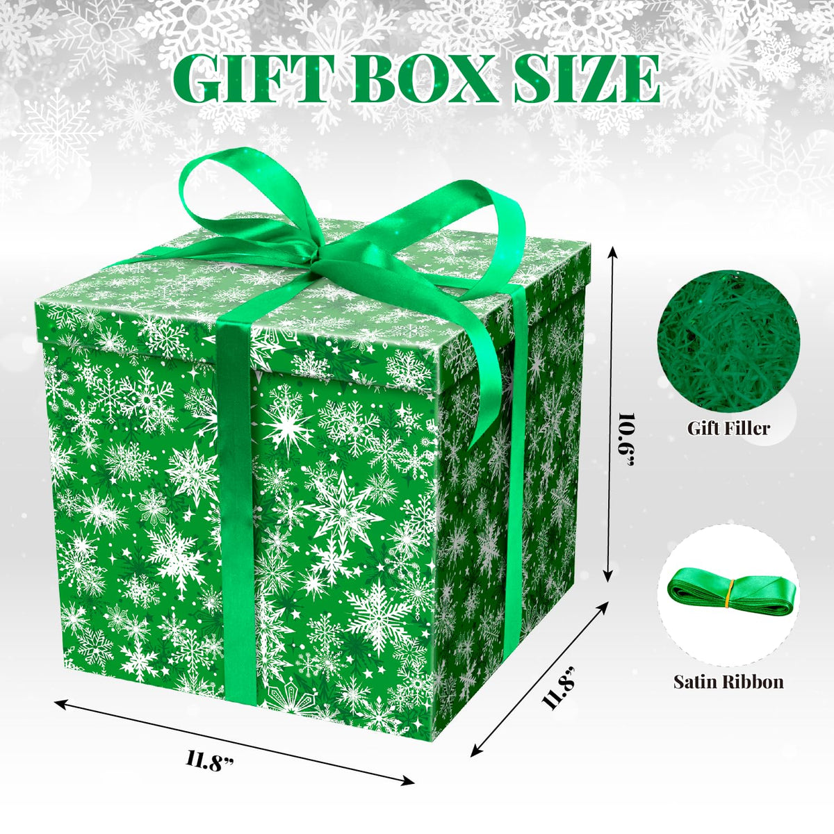 ysmile Christmas Gift Box with Lid Ribbon Paper Filler for Kid Adult Present Square Holiday Xmas Gift Wrapping 11.8 Large - Snowflake Green