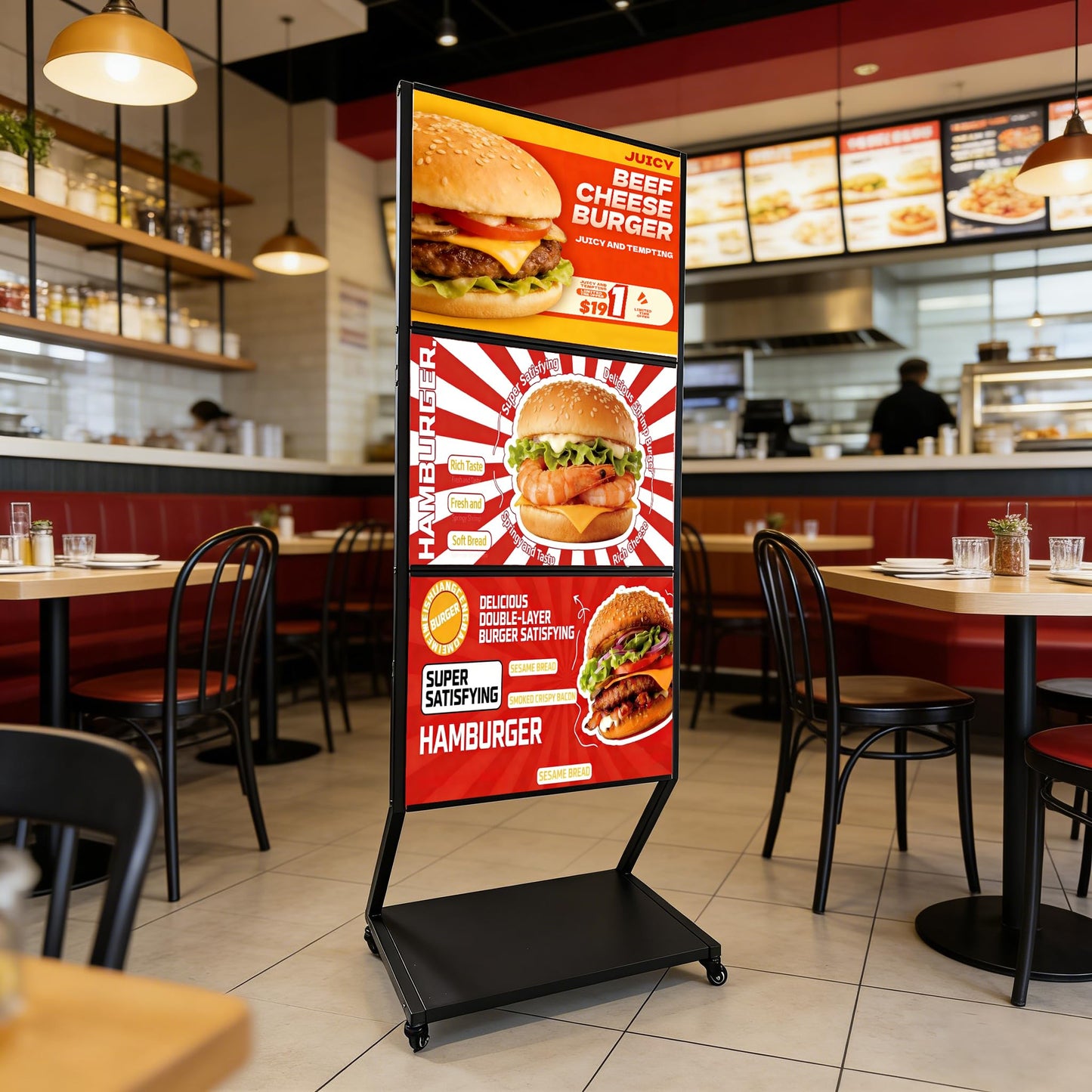 JUNJIAO Sign holder floor stand, Heavy duty rolling pedestal poster banner stand, Triple 18"x24" Multi-Poster Display with 3 Backboards & Anti-Glare Lenses, Side-Loading Commercial Signage Stand for Retail, Menus & Trade Shows