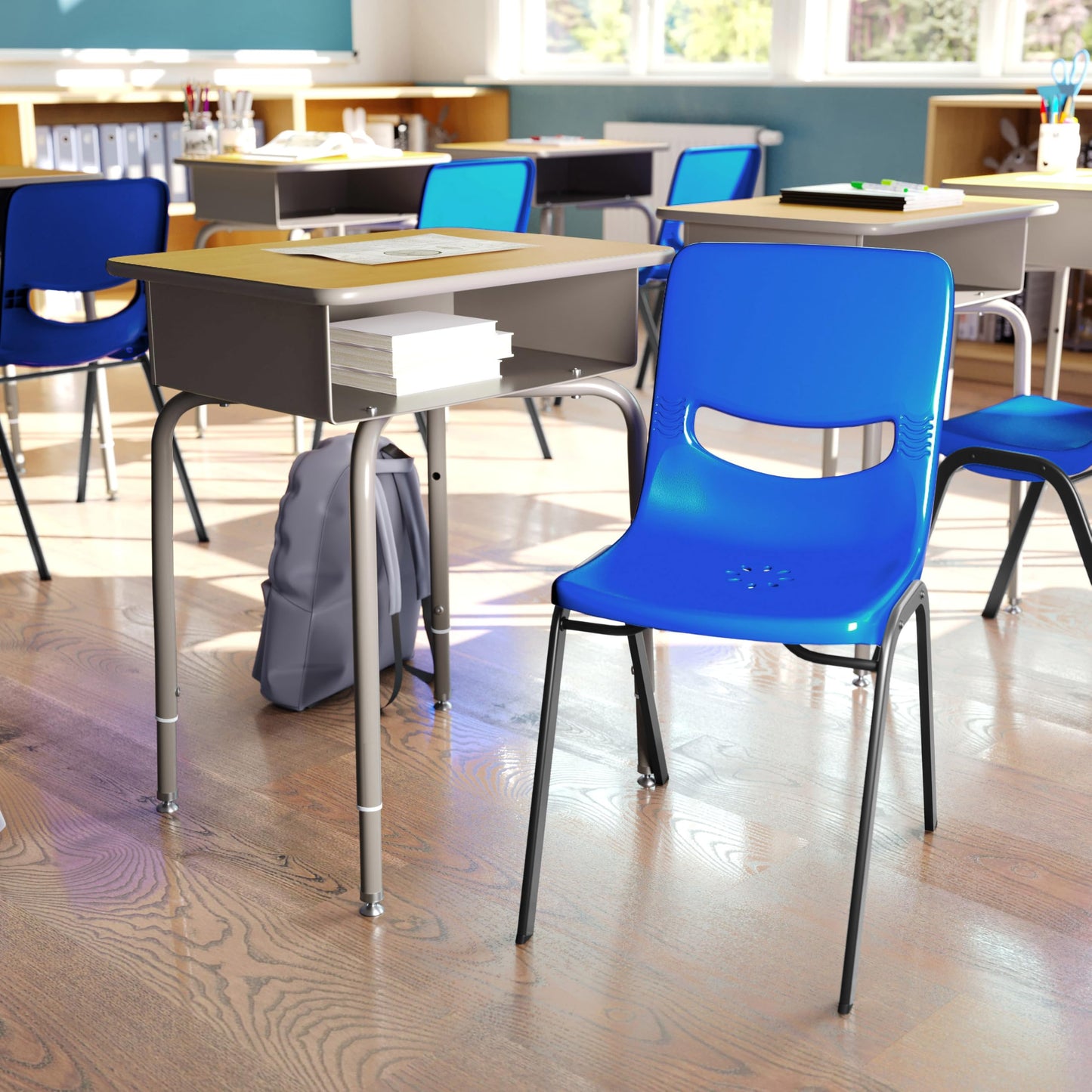 Flash Furniture Hercules Student Desk with Open Front Metal Book Box, Desktop, and Frame and Heavy-Duty Flex Comfort Classroom Stack, Set of 1, Maple Top/Navy Chair