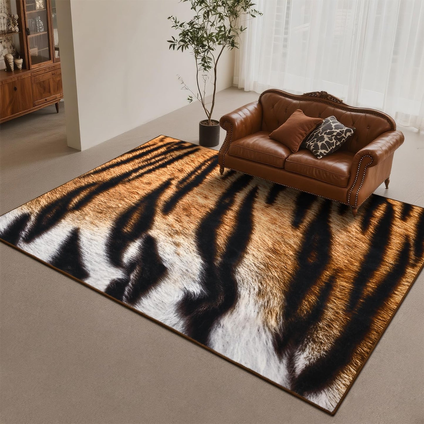 DweIke Tiger Rugs for Living Room, 4x6 Soft Faux Animal Tiger Print Area Rug, Washable Non-Slip Stain Resistant Throw Carpet for Dining Room Office Western Home Decor, Yellow