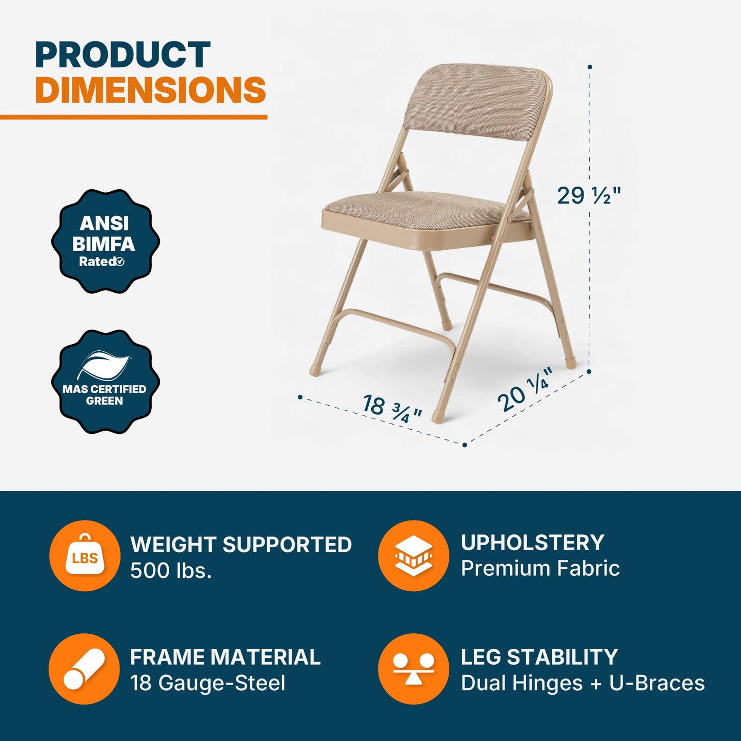 OEF Furnishings OEF2200 Series Heavy-Duty Premium Fabric Padded Upholstery Double-Hinged Folding Chairs (4-Pack, French Beige)
