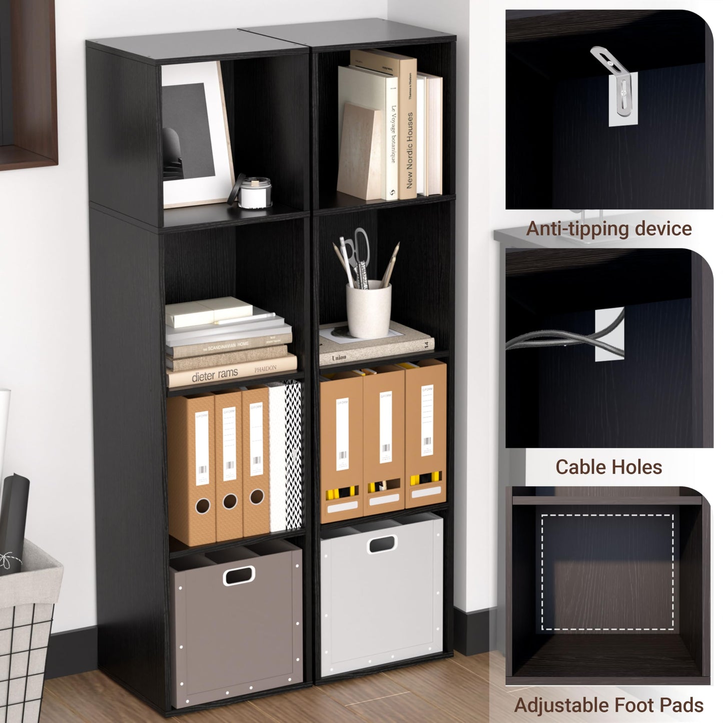 NewBeth 4 Cube Storage Organizer, 4 Tier Cube Low Bookcase Freestanding Storage Display Organizer, Four-Cubes Open Shelf Bookshelf for Home Office (Black, 4-Cube)