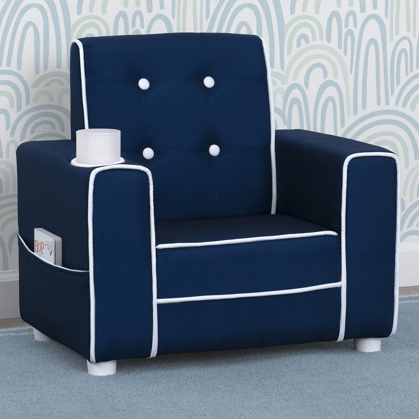 Delta Children Chelsea Kids Upholstered Chair with Cup Holder, Navy