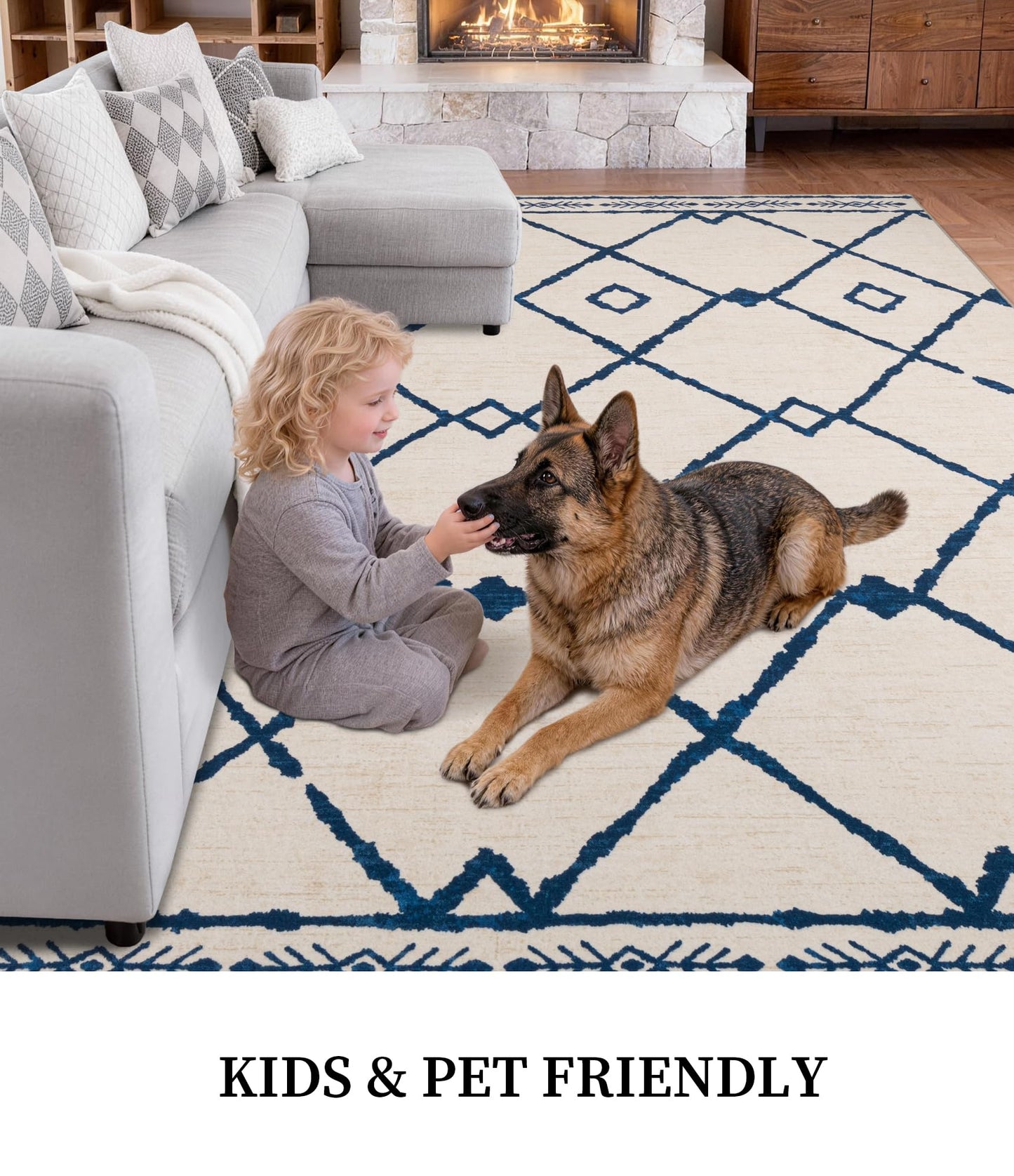 YIHOUSE Boho Rugs for Living Room, 6x9 Western Beige and Blue Area Rug, Moroccan Geometric Soft Low-Pile Washable Rugs for Bedroom, Dining Room