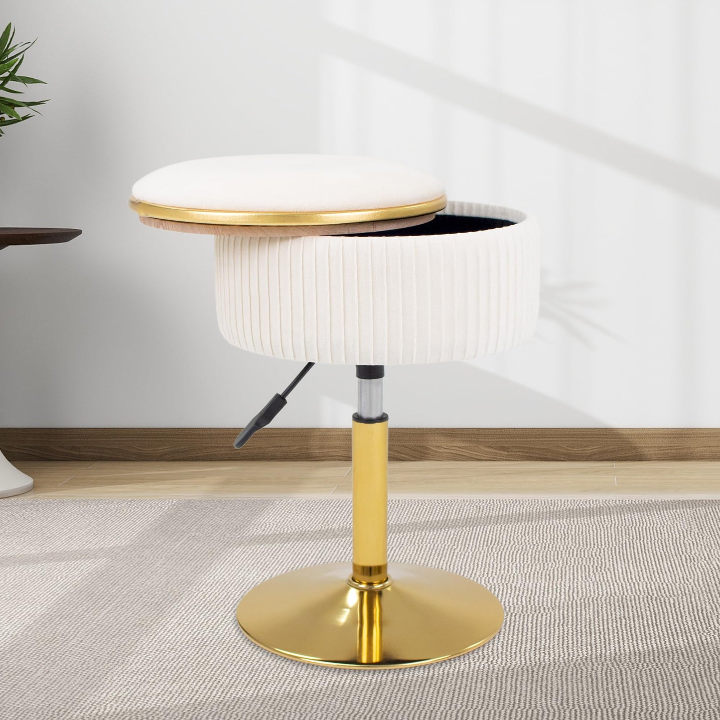 MRITWAII Adjustable Vanity Stool with Storage, 360° Swivel Makeup Stool Chair Small Velvet Round Ottoman with Gold Base for Bedroom (Beige)