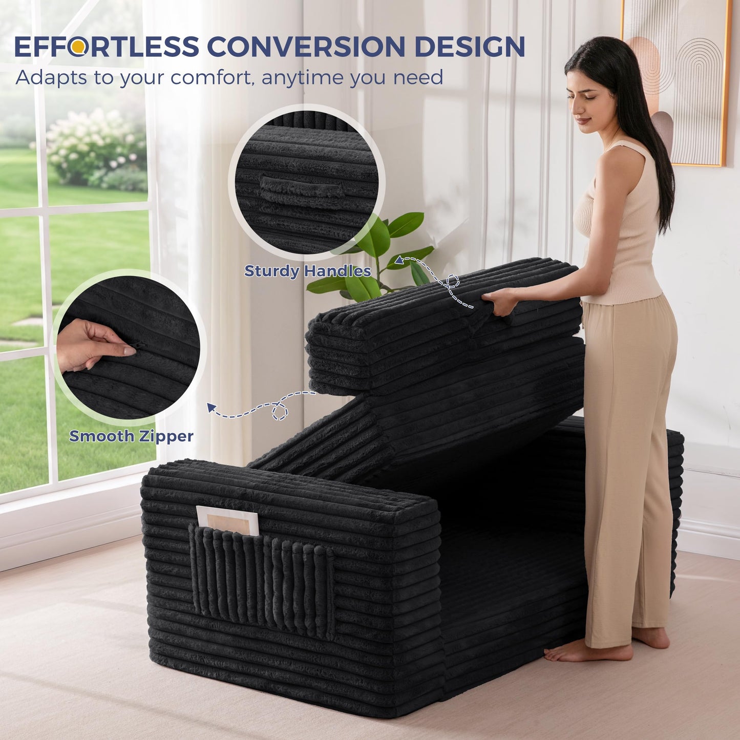 MAXYOYO Convertible Sofa Bed, 2 in 1 Folding Couch Bed for Small Space, Pull Out Loveseat Sofa Couch with Large Back Pillow, Plush Faux Fabric Lounge Couch for Living Room, Apartment, Black
