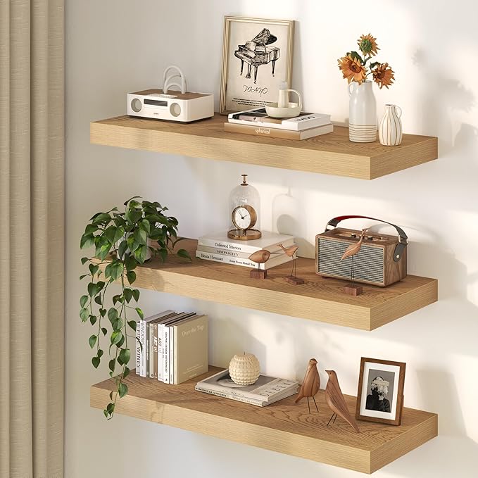40Inch Oak Floating Shelves for Wall, 12 Inch Deep Shelves for Bedroom