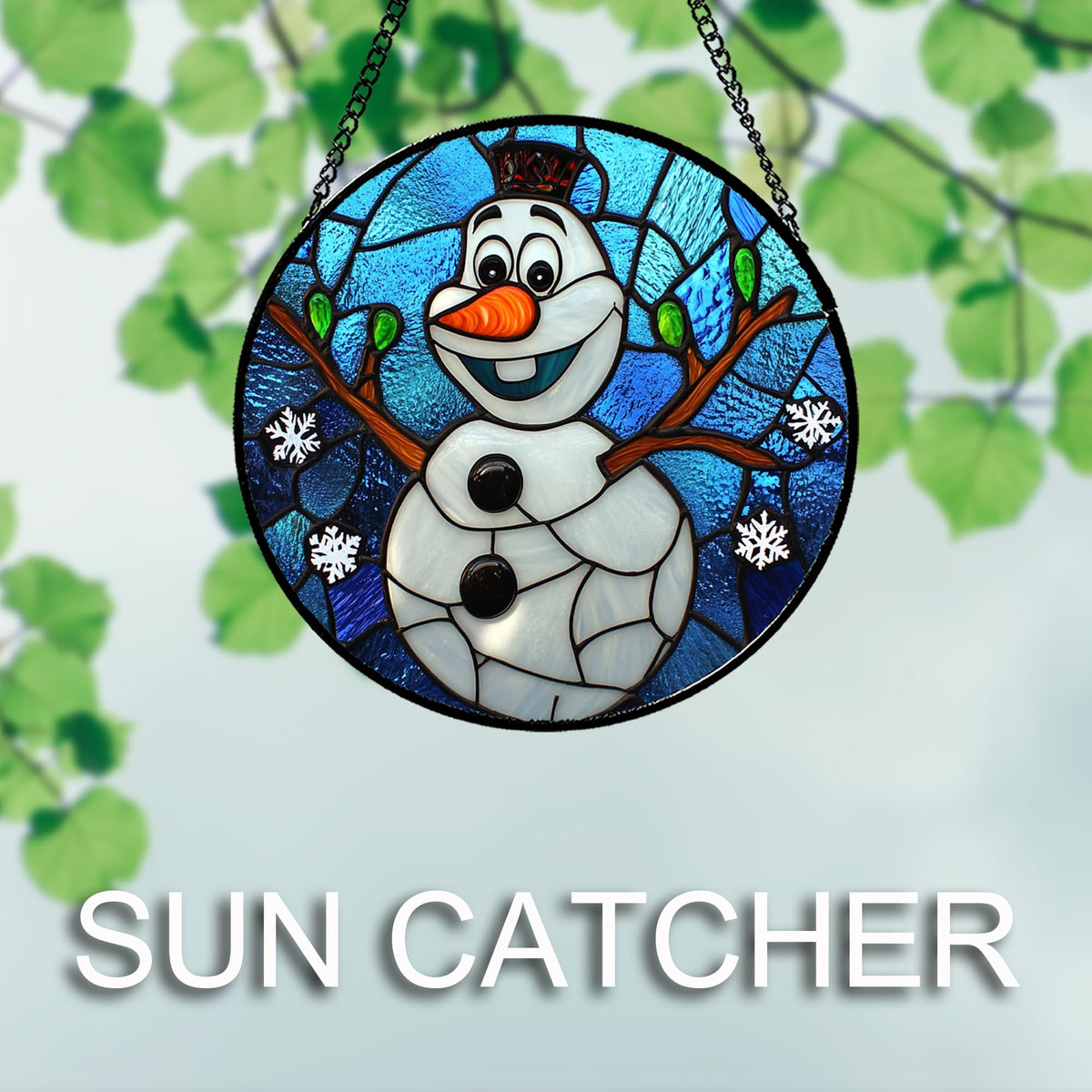JOSUMALY Stained Glass Window Hanging Christmas Funny Snowman 6.3" - Suncatcher Door Garden Blue White Snowflakes Sun Catcher New Year Birthday for Friend Mom Men Woman Nana