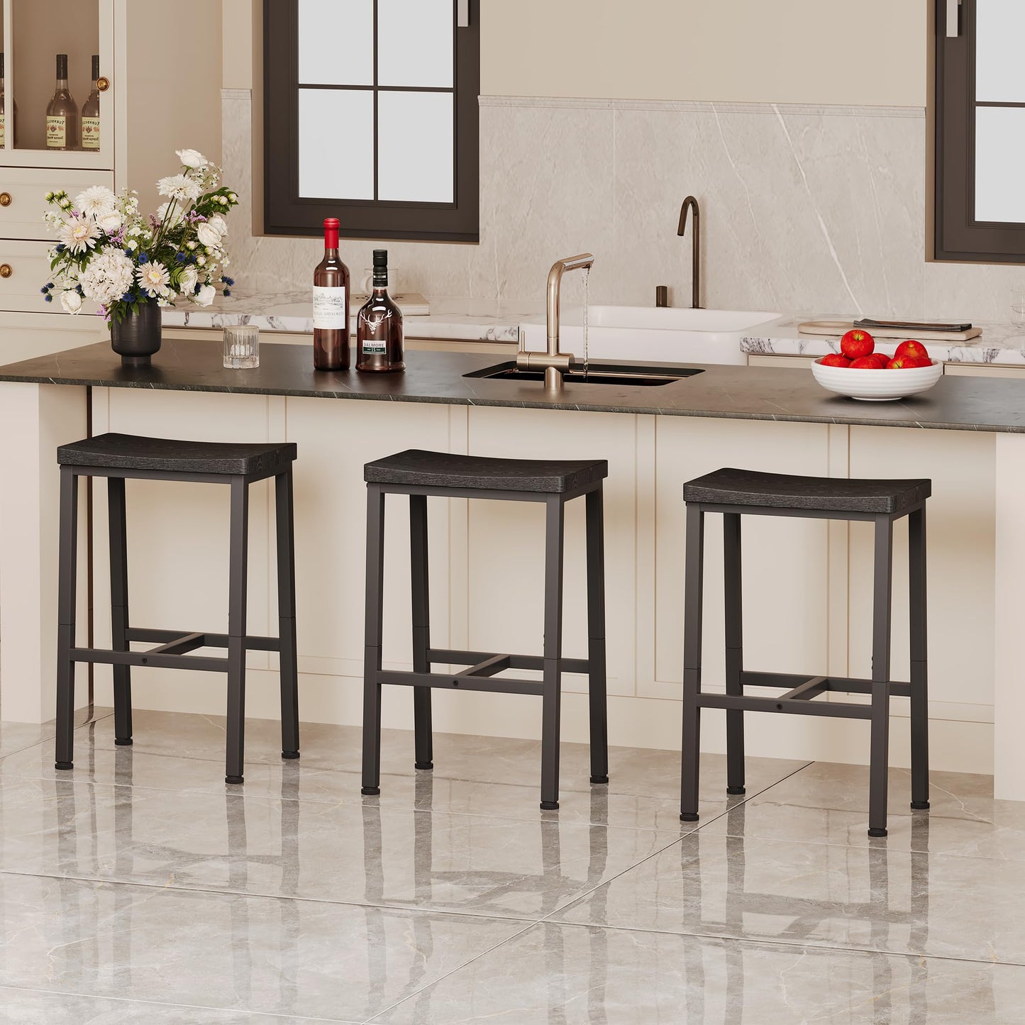 Homeiju Bar Stools, Counter Height Bar Stools Set of 2, 23.6 Inch Saddle Stools with Footrests, Industrial Kitchen Counter Seat for Dining Room, Kitchen, Counter, Black