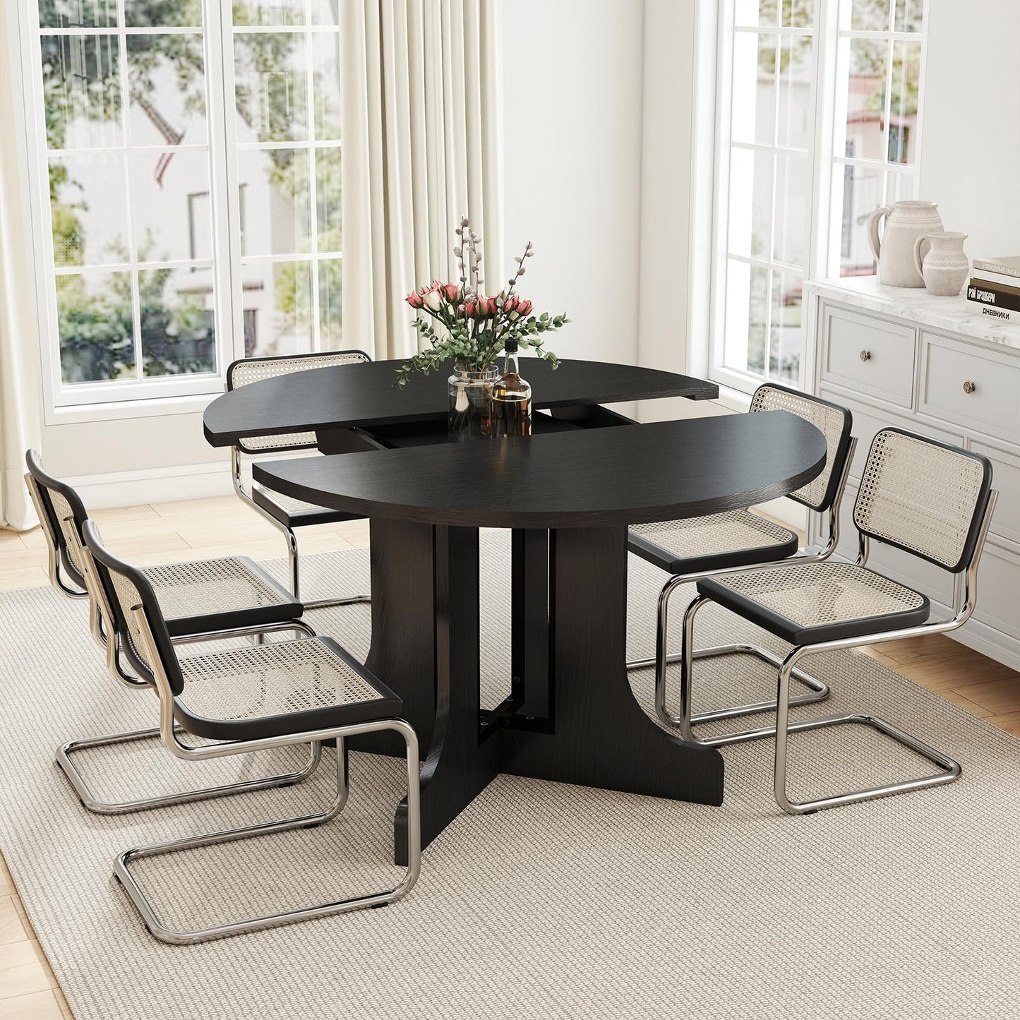 Zevemomo 43"-59" Round Expandable Dining Table, Extendable Dining Room Table for 4-6, Oval Tabletop with Wood Base Removable Leaf, Modern Black Circle Dinner Table for Kitchen Room Living Room