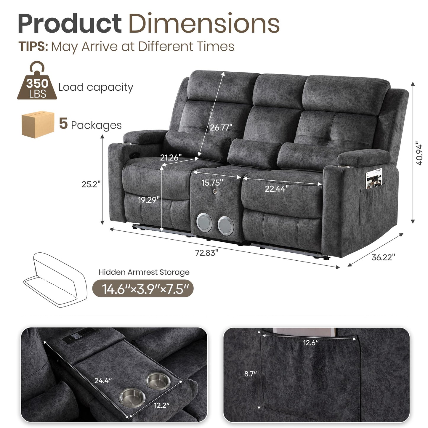 PALLOME Power Recliner Loveseat Sofa with Bluetooth Speakers, Home Theater Seating with LED Lights, One-Key Reset, USB-C Charging Ports, Hidden Storage, RV & Apartment (Grey)
