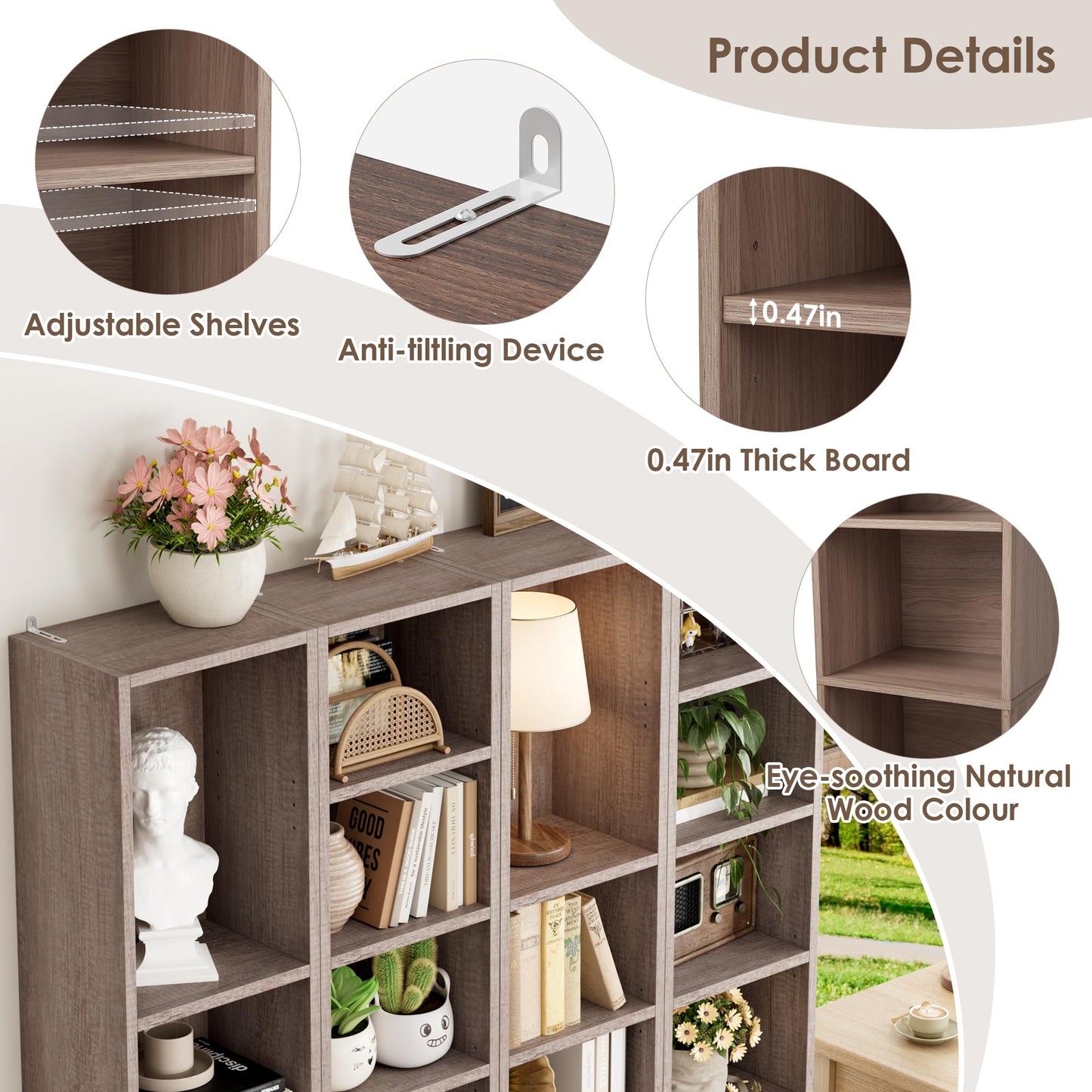 FOTOSOK 8-Tier Media Tower Rack, 11.6 X 9.3 X 70.9 Inches CD DVD Slim Storage Cabinet with Adjustable Shelves, Tall Narrow Bookcase Display Bookshelf for Home Office, Oak