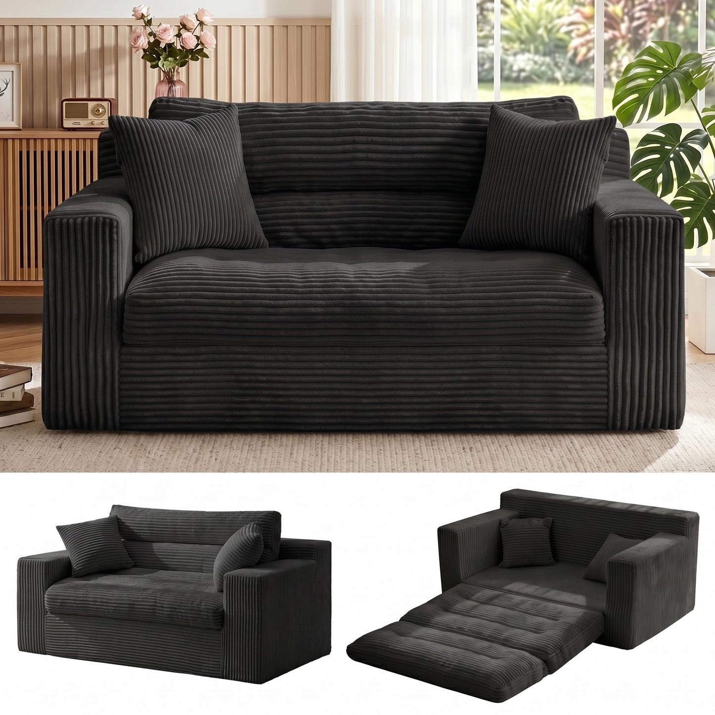 Erament Boneless Loveseat Sofa Couch, 2 in 1 Convertible Sofa Bed with Pillows, Fold Out Bean Bag Chair Boneless Floor Couch for Living Room Bedroom Office Lounge Apartment, No Assembly Needed, Black