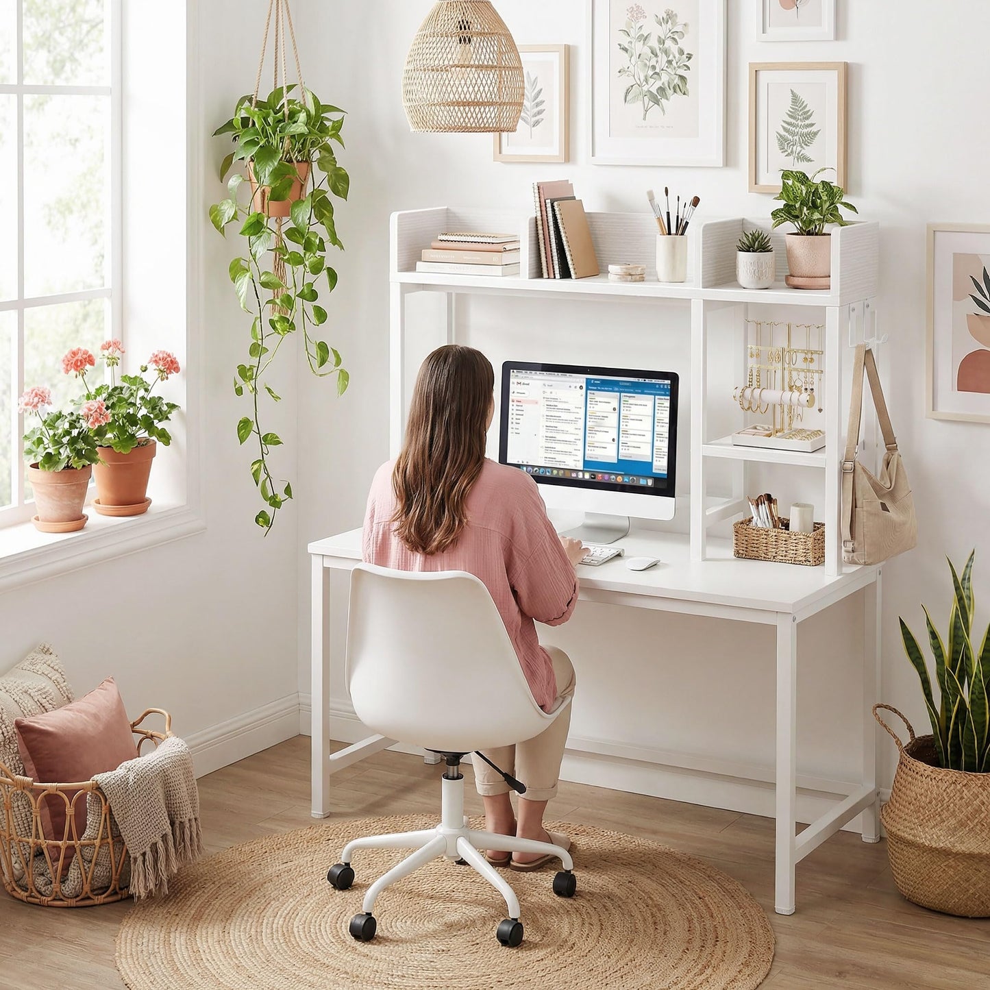 BOLUO Desk Hutch Dorm Room, Desktop Bookshelf for Computer Desk 37" Hutch Organizer Tabletop Storage Rack for College Essentials Home Office White