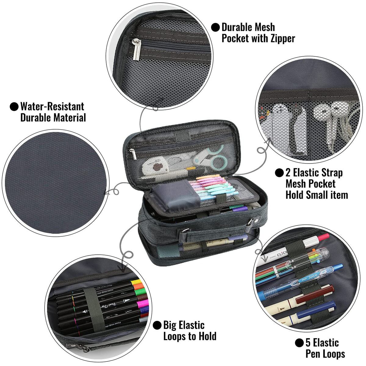 JOINPRO Large Capacity Pencil Case, 4 Compartment Pen Pouch Organizer with Double Zipper, Storage Bag for School, Office, Teen Girl Boy Men Women (Black Grey)