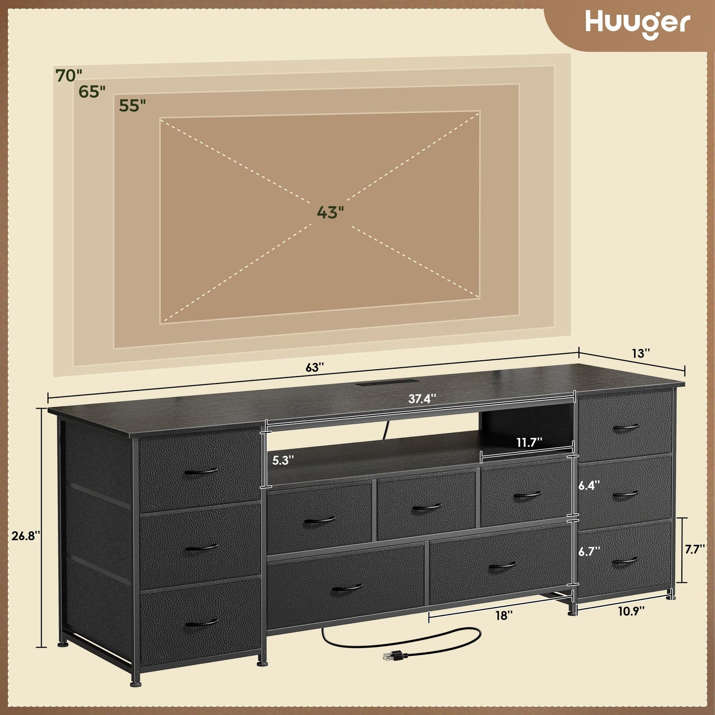 Huuger 63 Inch TV Stand for 65, 70 Inch TV, 11 Drawer Long Dresser with Power Outlets and LED Lights, Entertainment Center with Storage, Black Dresser with PU Leather Surface