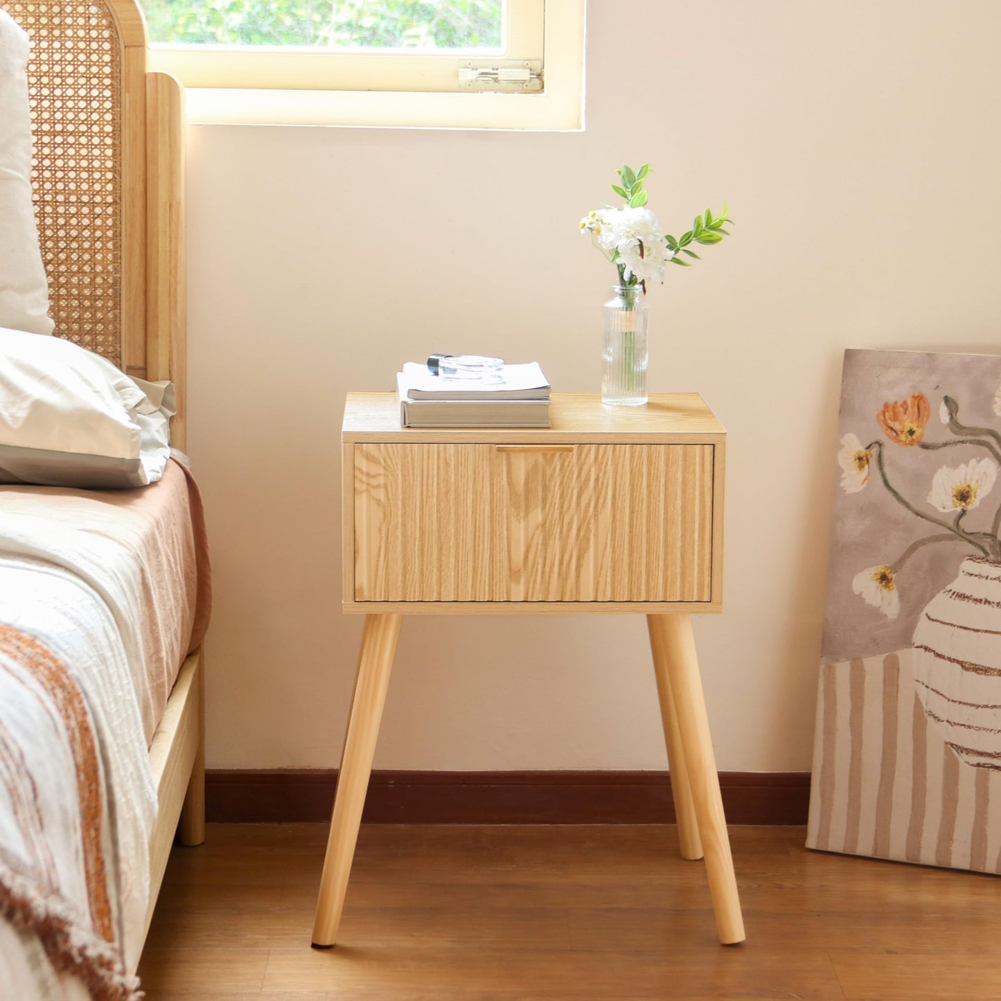 AWASEN Fluted Nightstand, Small End Tables Living Room, Wood Bedside Side Table with Storage Drawer for Bedroom and Small Space, Natural