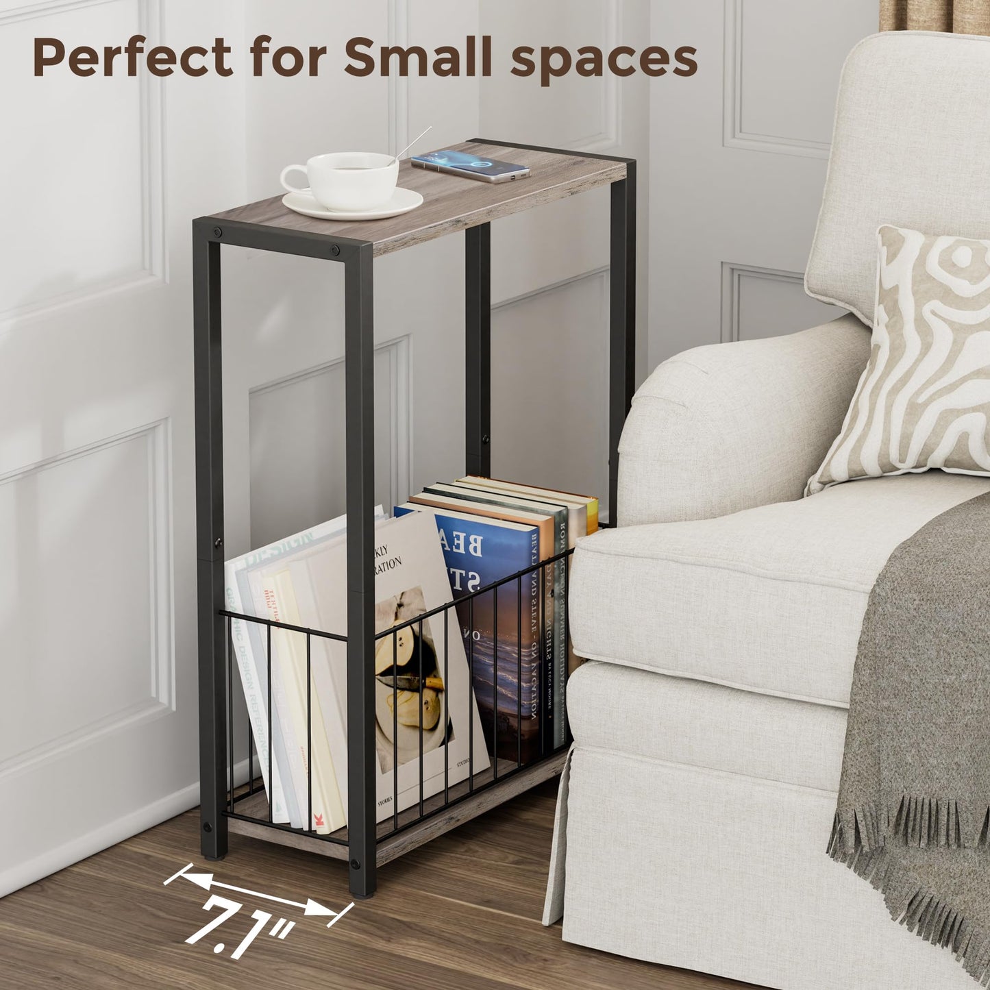 Homleke Narrow Side Table with Magazine Holder, Skinny End Table Perfect for Small Spaces, Space-Saving Design for Living Room, Bedroom, or Office, 7.1" D x 16.9" W x 23.6" H, Greige
