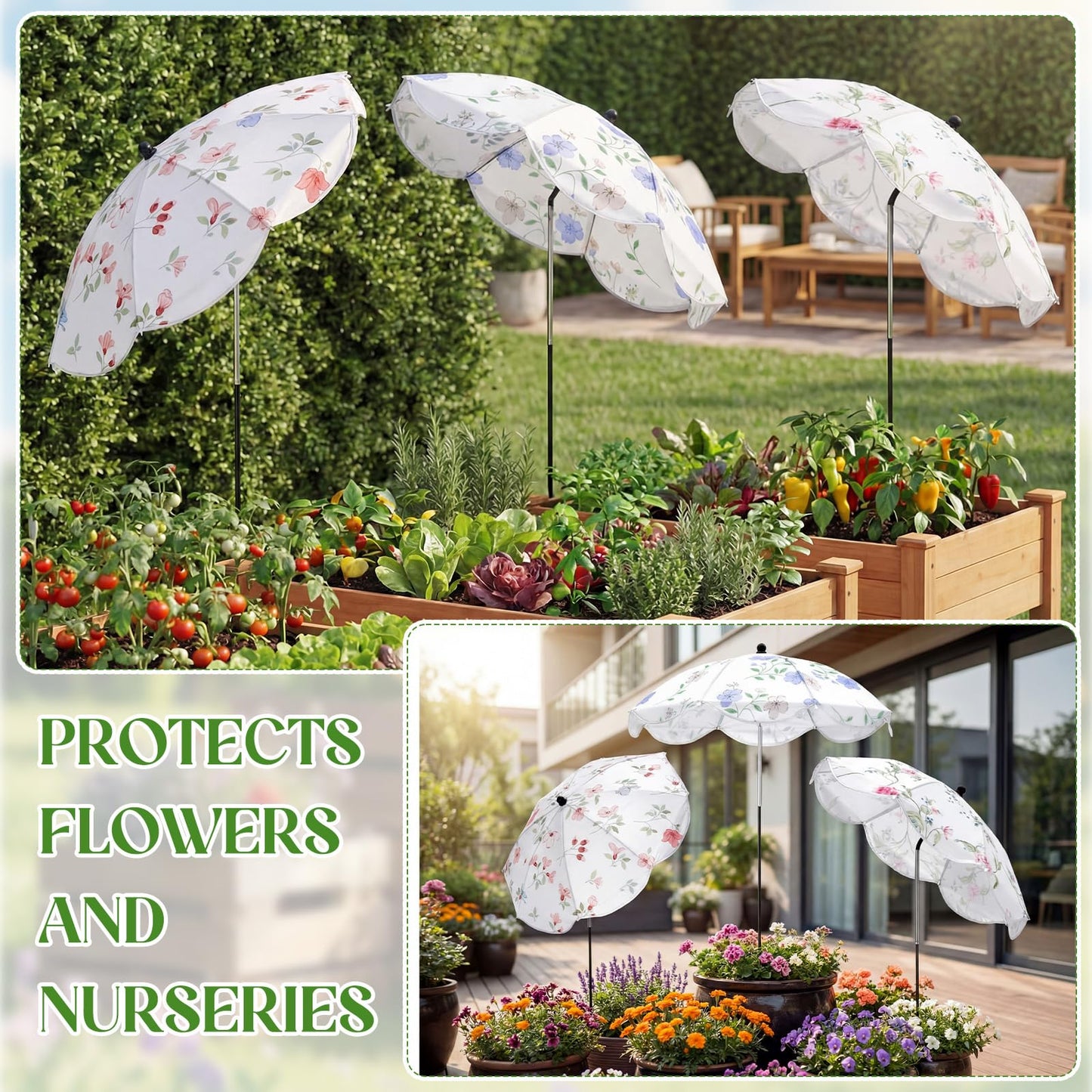 Shinylin 3 Pack Plant Umbrella for Outdoor Adjustable Sun Shade Covers 24" Sun Protection Cloth UV Umbrella for Potted Plants, Garden Beds, Patio Flowers (Curved Edge,Flower 1)