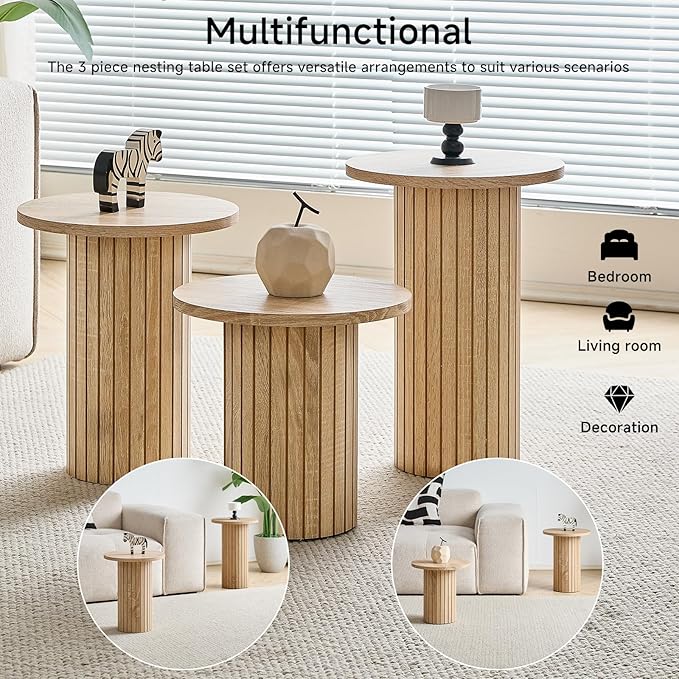 Round Nesting Coffee Table Set of 3 Mid Century Modern Wood Round Coffee Tables