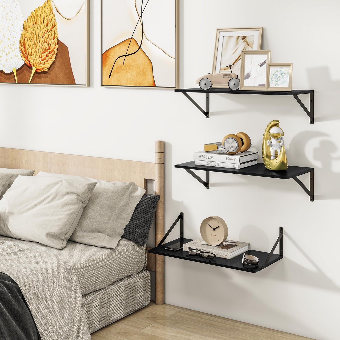 Heimlove Deep Floating Shelves for Wall, Wood Wall, Wide Floating Bookshelf for Living Room, Kitchen, Office, Bedroom and Decor Storage,Black with Metal Bracket, 24wx12dx5.8h, 3Shelves